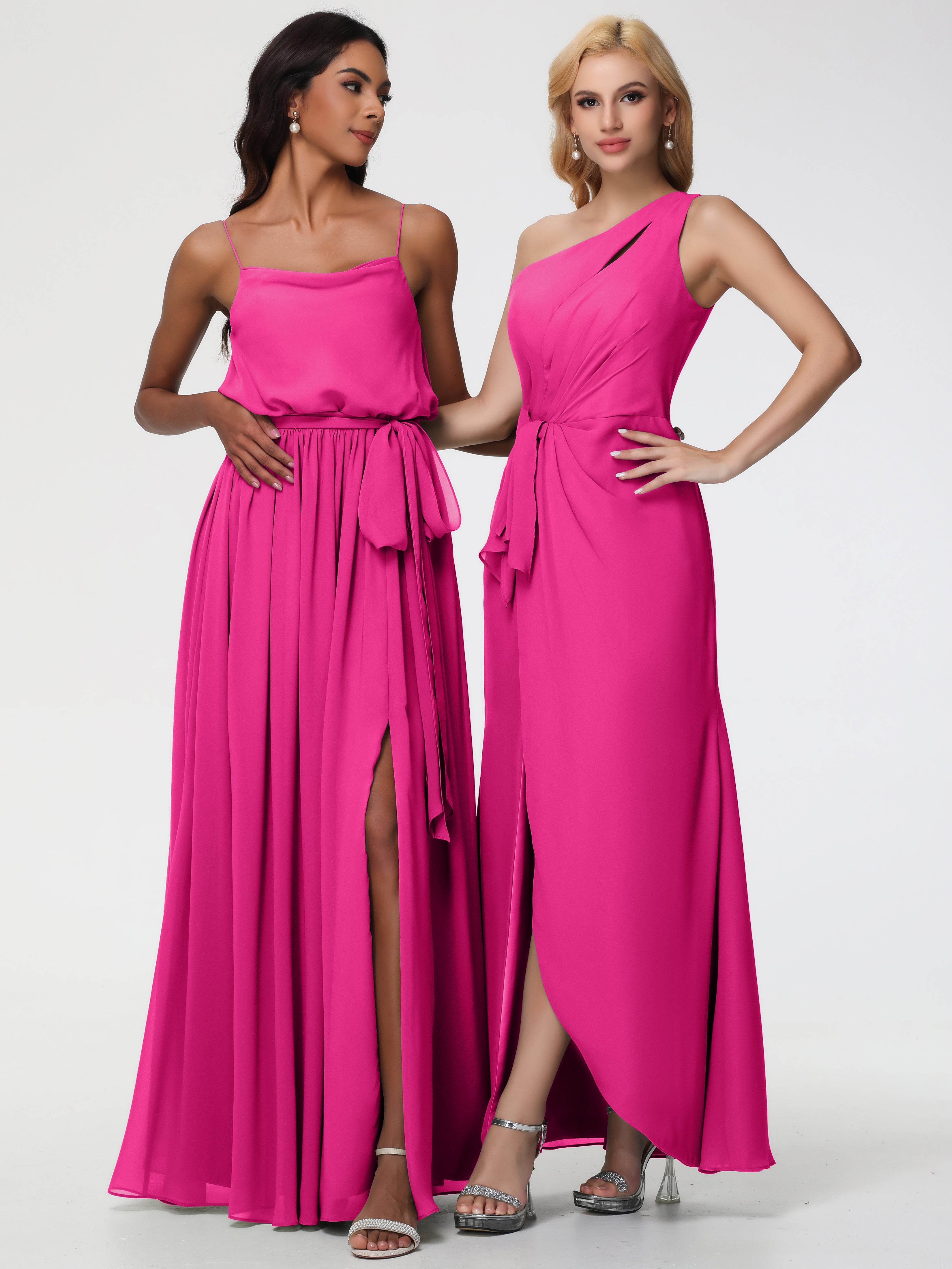 Robe Rose Fuchsia Demoiselle D Honneur Seule-Épaule Fendue Trapèze Mousseline Robe Demoiselle D'Honneur