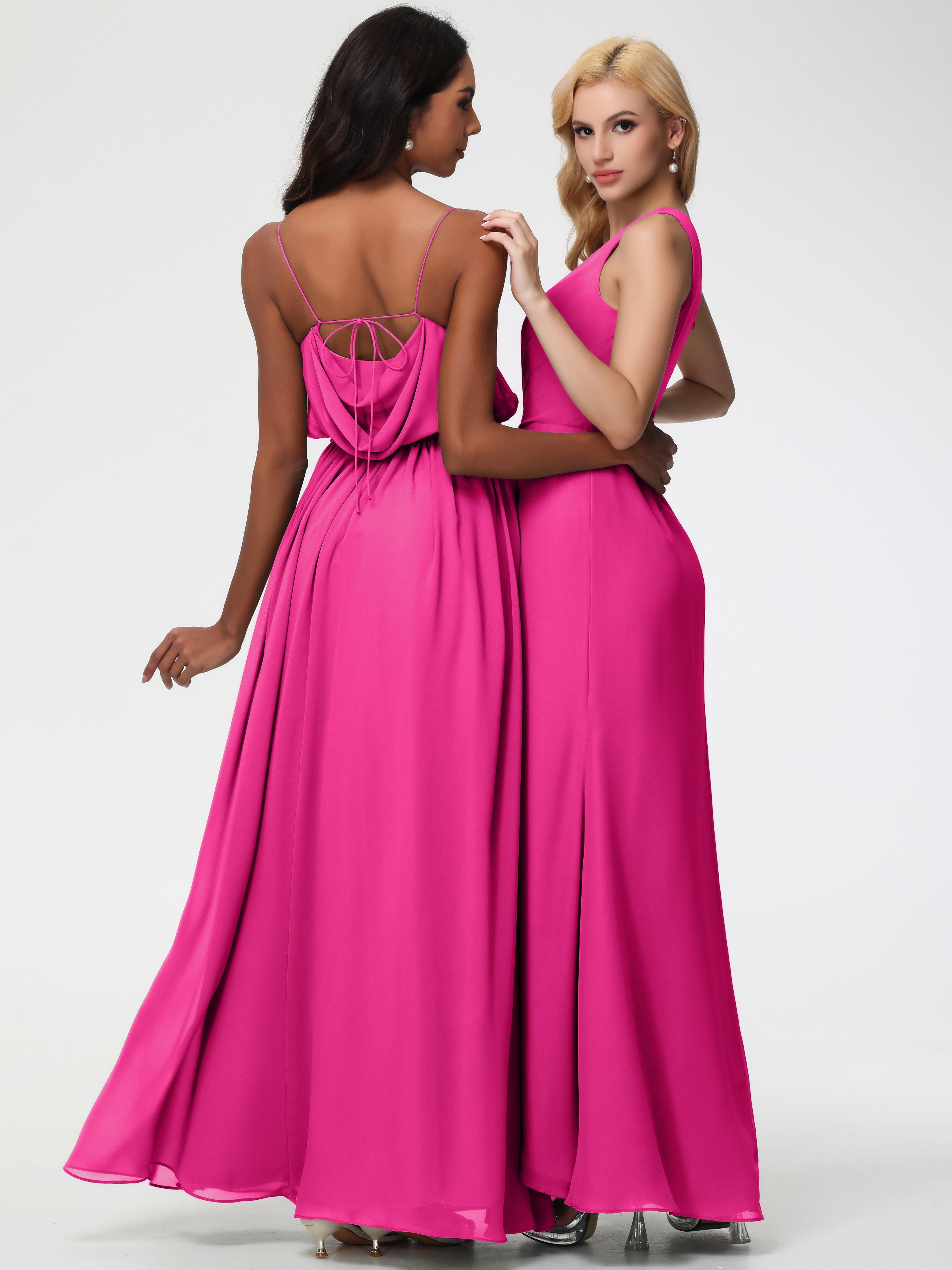 Robe Rose Fuchsia Demoiselle D Honneur Seule-Épaule Fendue Trapèze Mousseline Robe Demoiselle D'Honneur