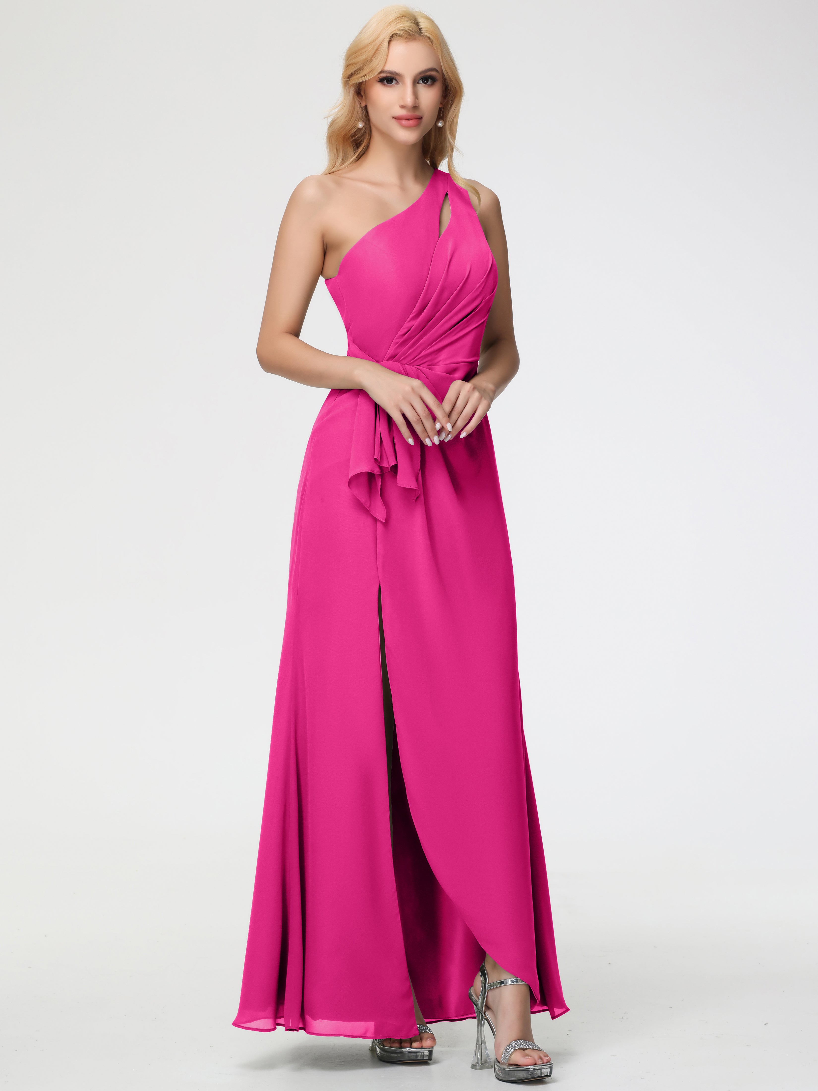 Robe Rose Fuchsia Demoiselle D Honneur Seule-Épaule Fendue Trapèze Mousseline Robe Demoiselle D'Honneur