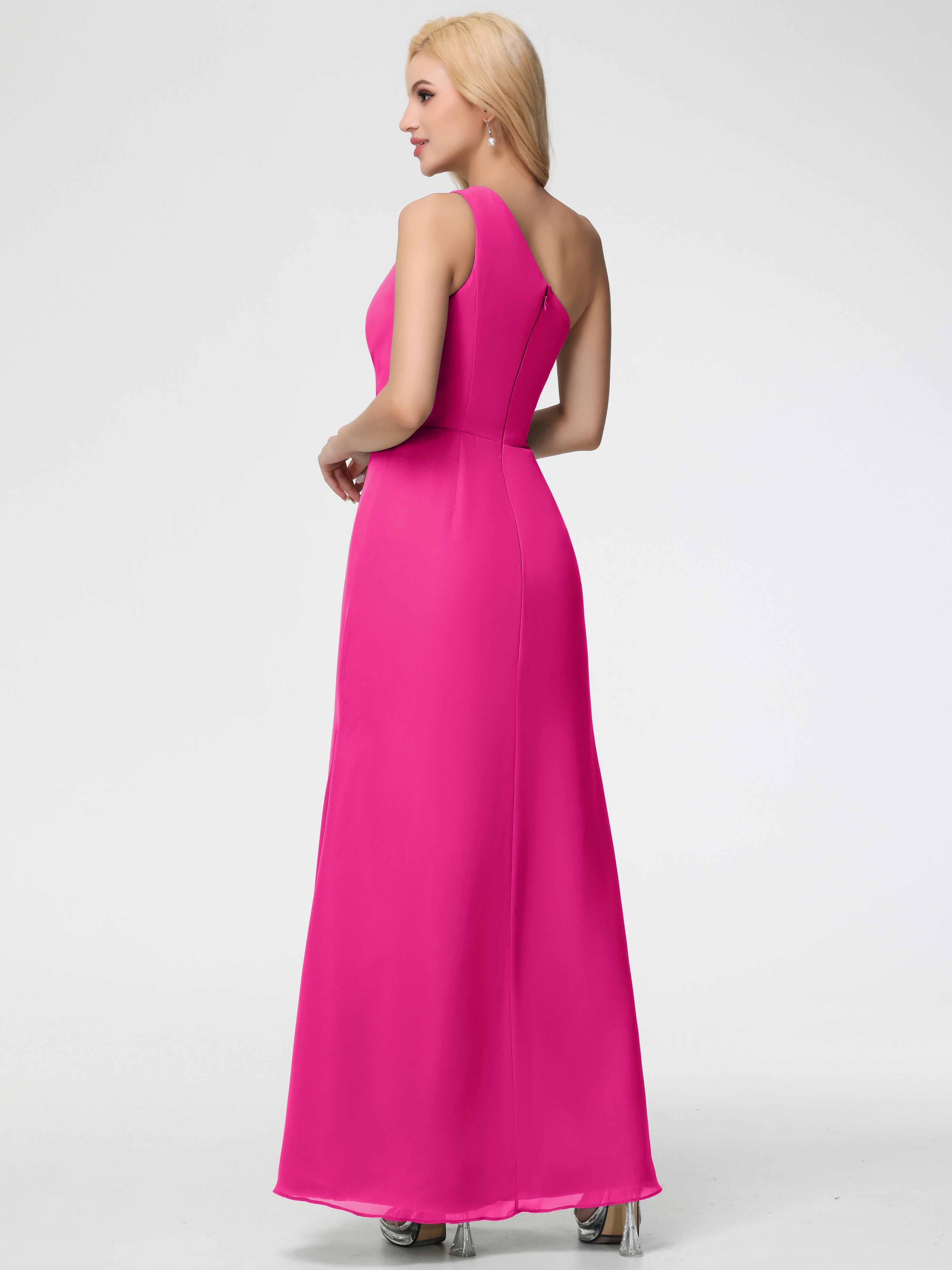 Robe Rose Fuchsia Demoiselle D Honneur Seule-Épaule Fendue Trapèze Mousseline Robe Demoiselle D'Honneur