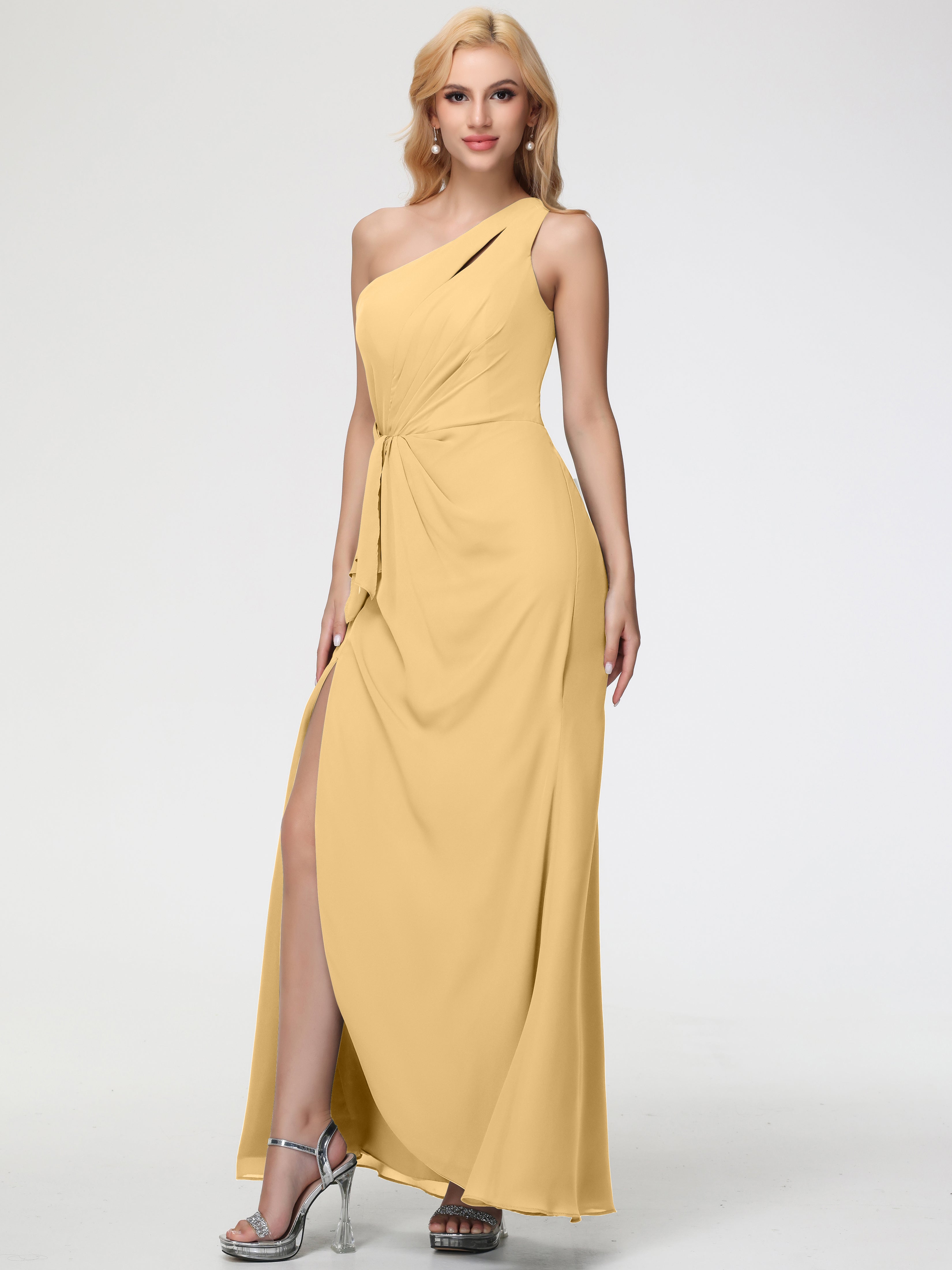 Robe Dorée Demoiselle D Honneur Seule-Épaule Fendue Trapèze Mousseline Robe Demoiselle D'Honneur