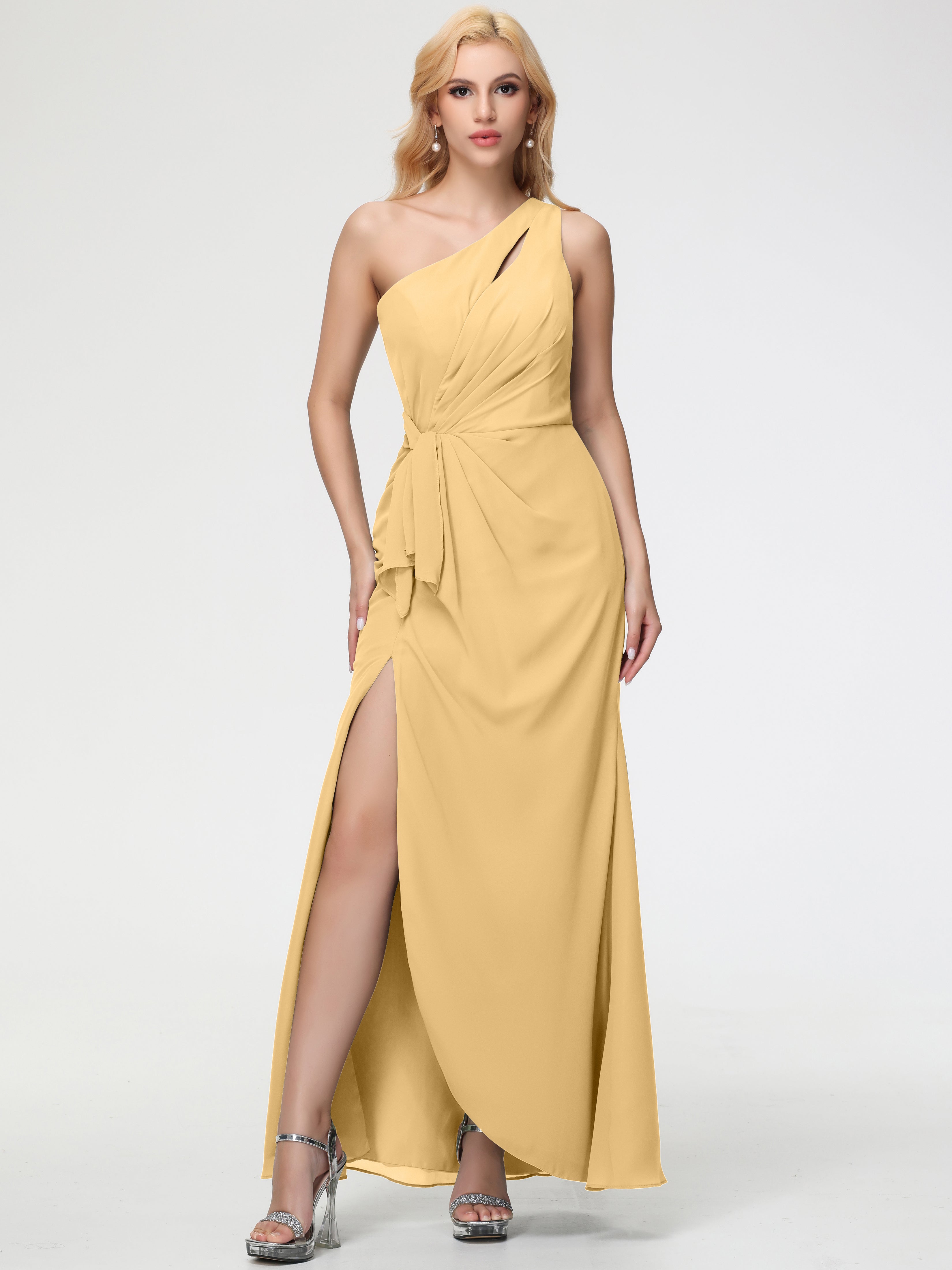 Robe Dorée Demoiselle D Honneur Seule-Épaule Fendue Trapèze Mousseline Robe Demoiselle D'Honneur