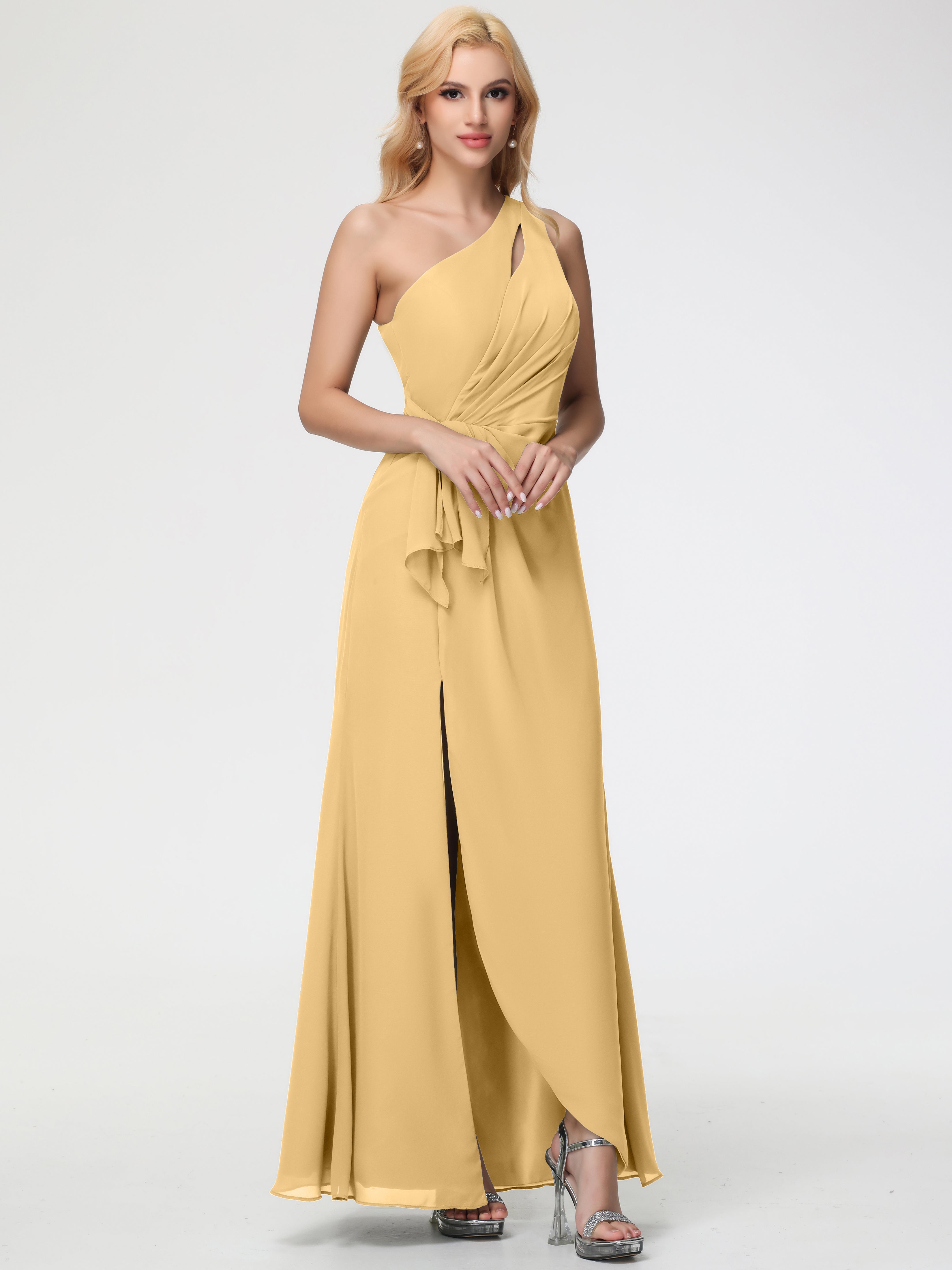 Robe Dorée Demoiselle D Honneur Seule-Épaule Fendue Trapèze Mousseline Robe Demoiselle D'Honneur