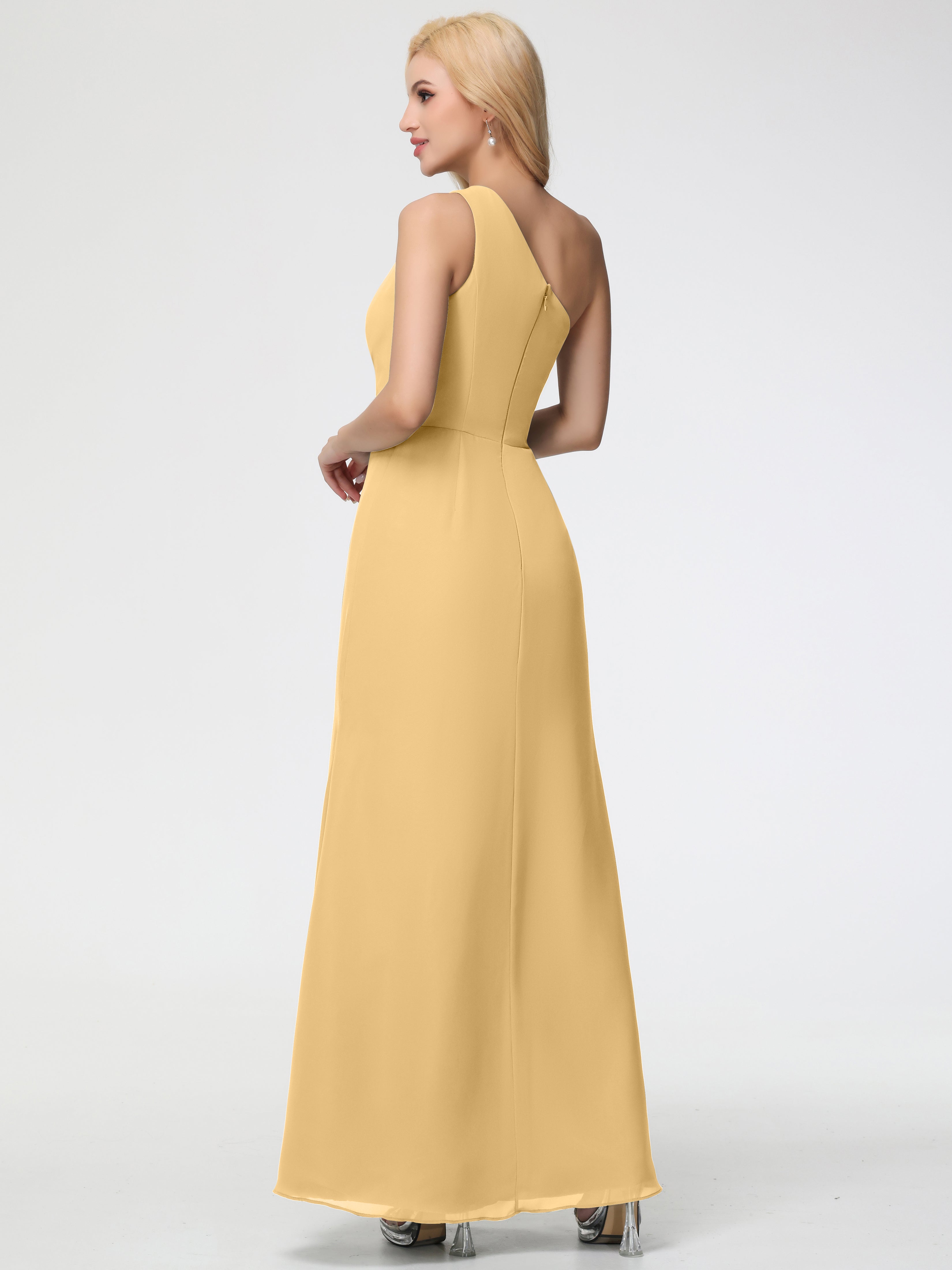 Robe Dorée Demoiselle D Honneur Seule-Épaule Fendue Trapèze Mousseline Robe Demoiselle D'Honneur