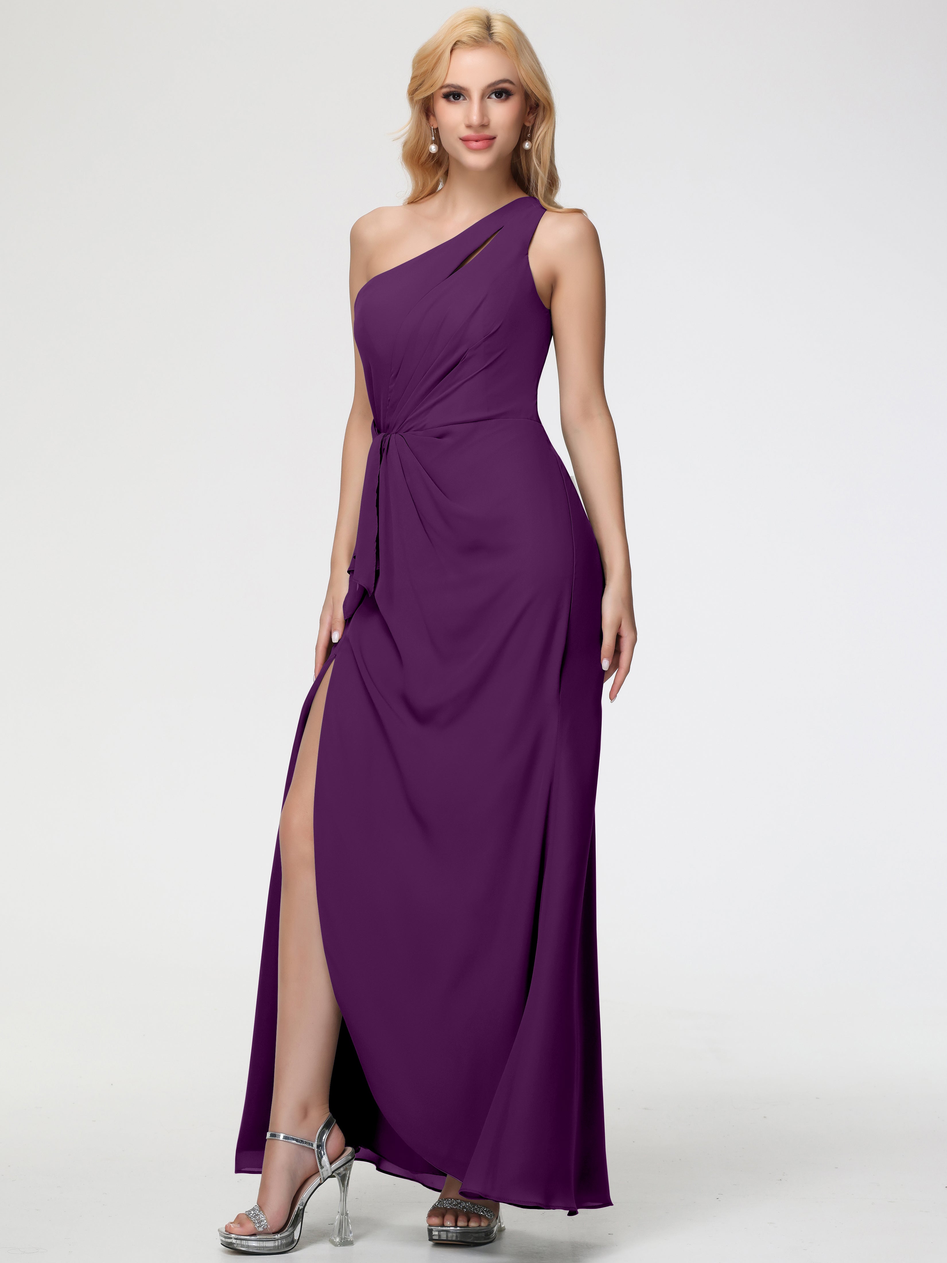 Robes De Demoiselle D'Honneur En Raisin Seule-Épaule Fendue Trapèze Mousseline Robe Demoiselle D'Honneur