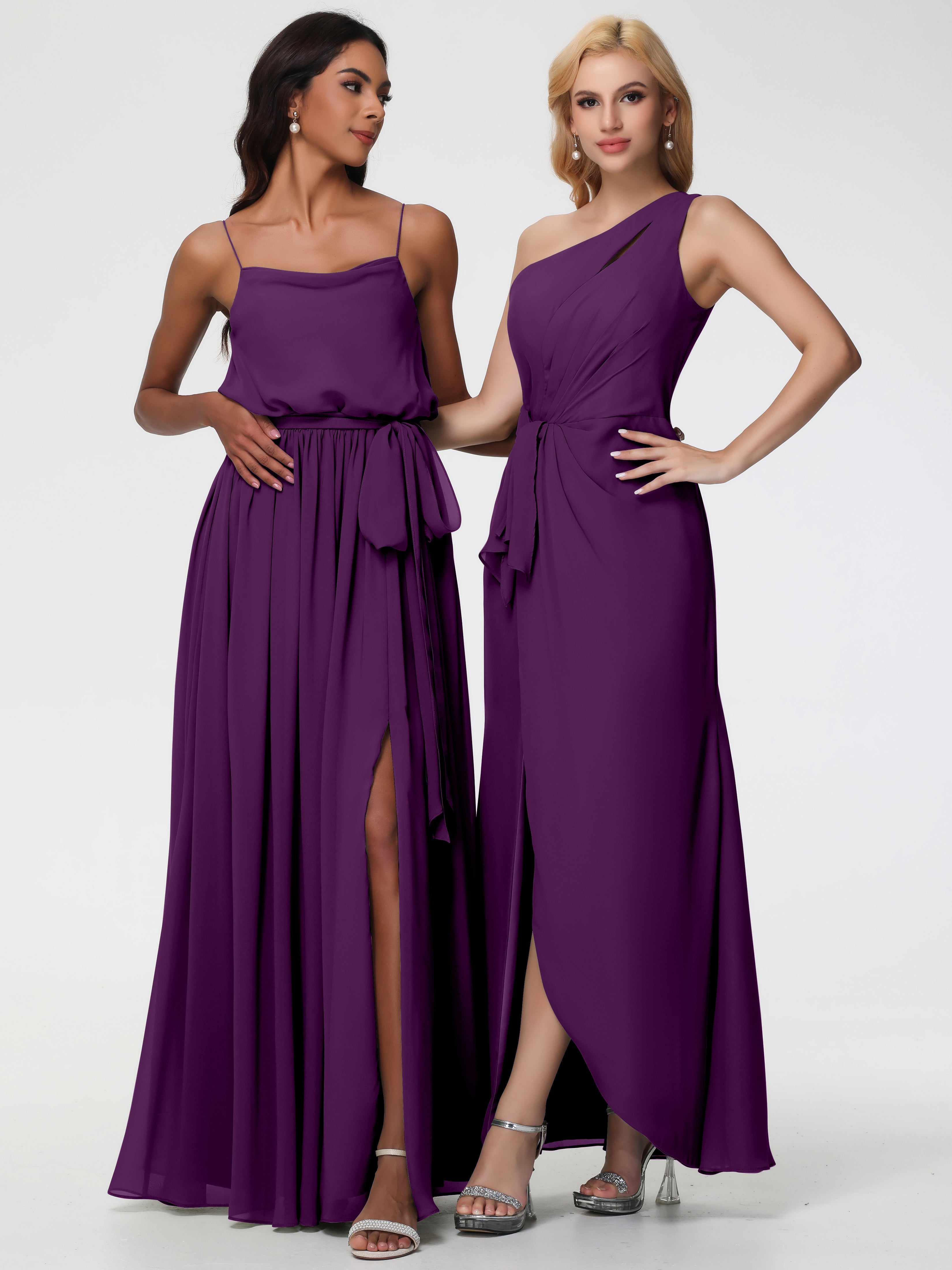 Robes De Demoiselle D'Honneur En Raisin Seule-Épaule Fendue Trapèze Mousseline Robe Demoiselle D'Honneur
