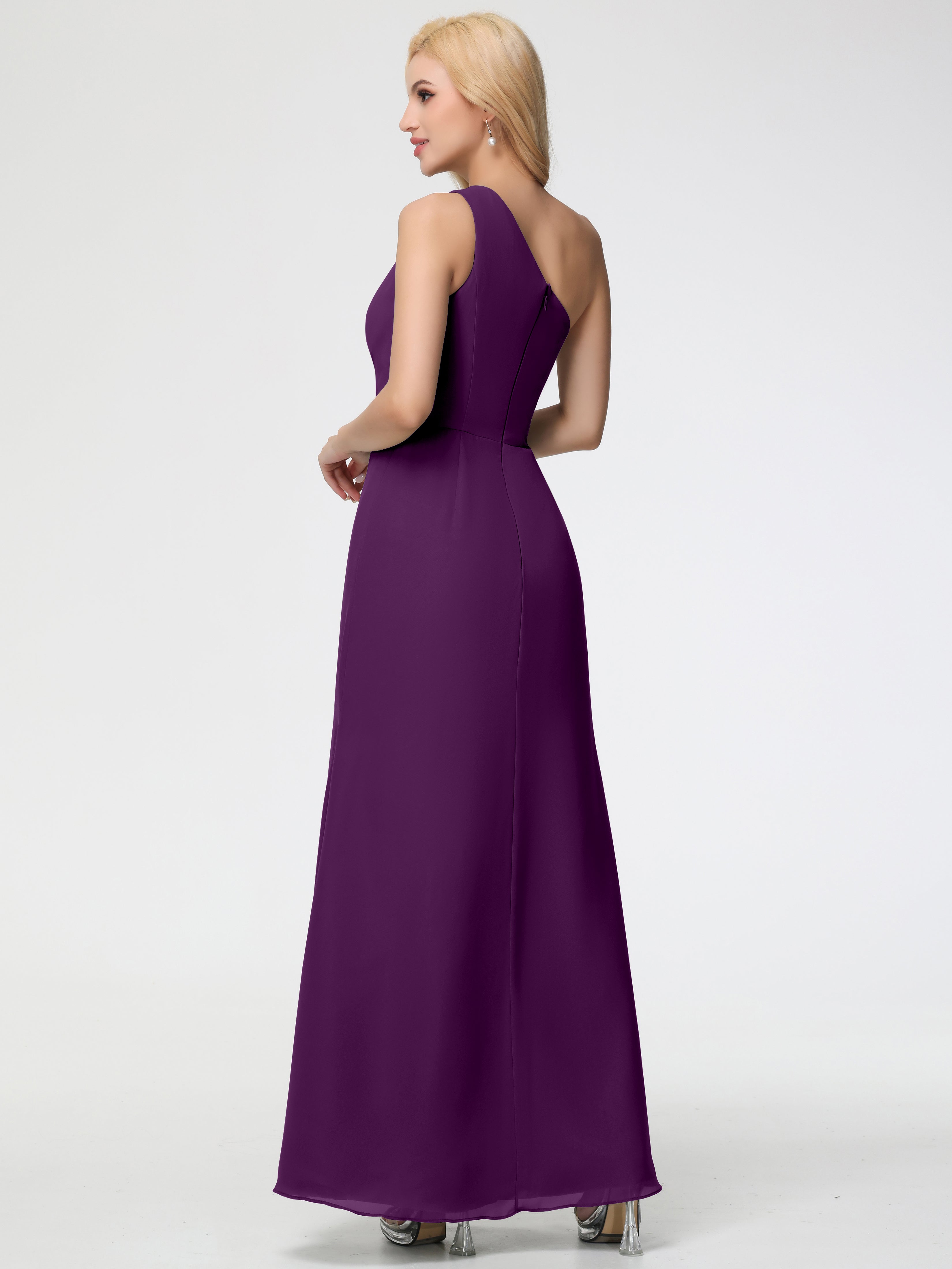 Robes De Demoiselle D'Honneur En Raisin Seule-Épaule Fendue Trapèze Mousseline Robe Demoiselle D'Honneur