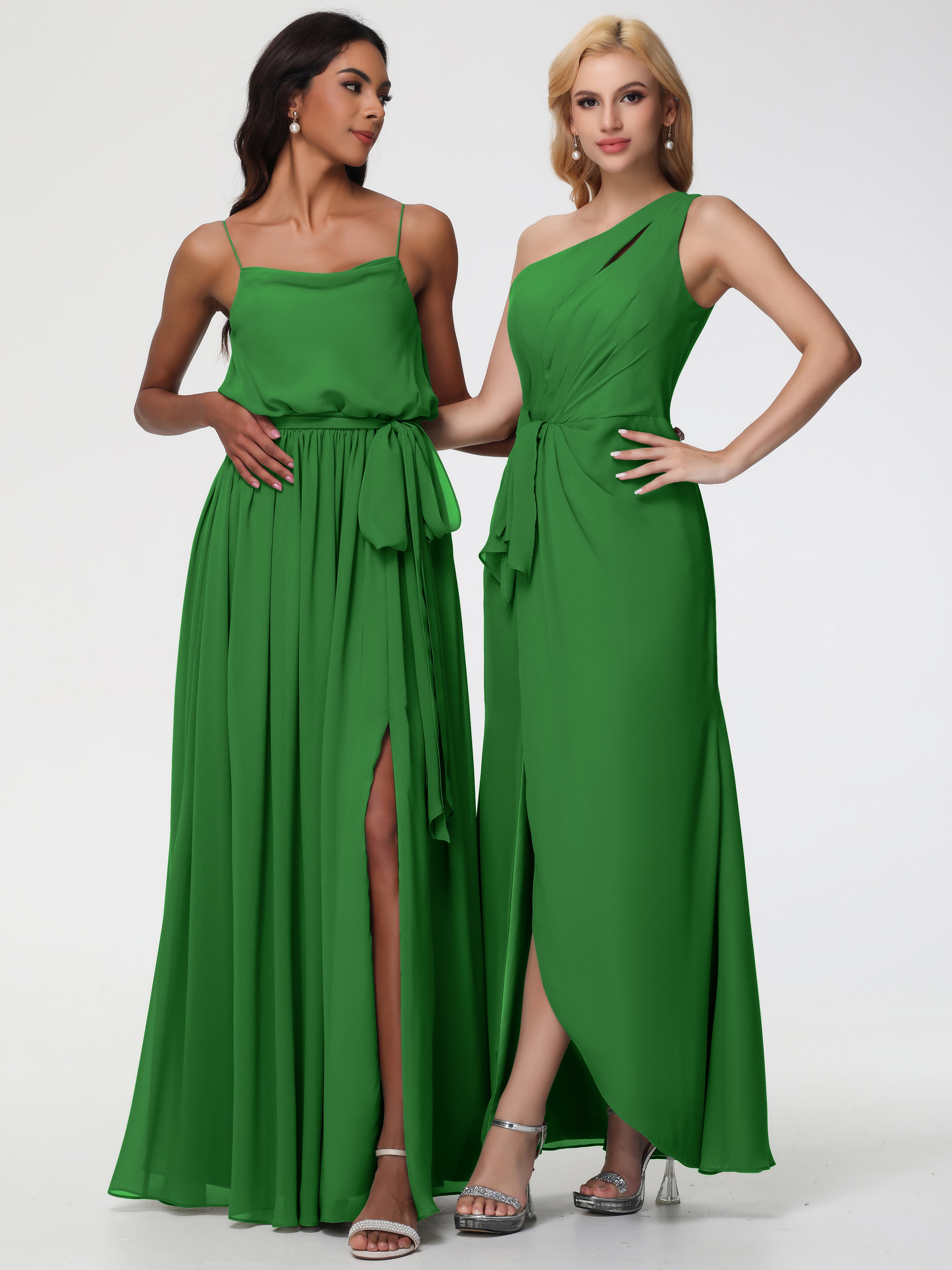 Robe Verte Demoiselle D Honneur Seule-Épaule Fendue Trapèze Mousseline Robe Demoiselle D'Honneur