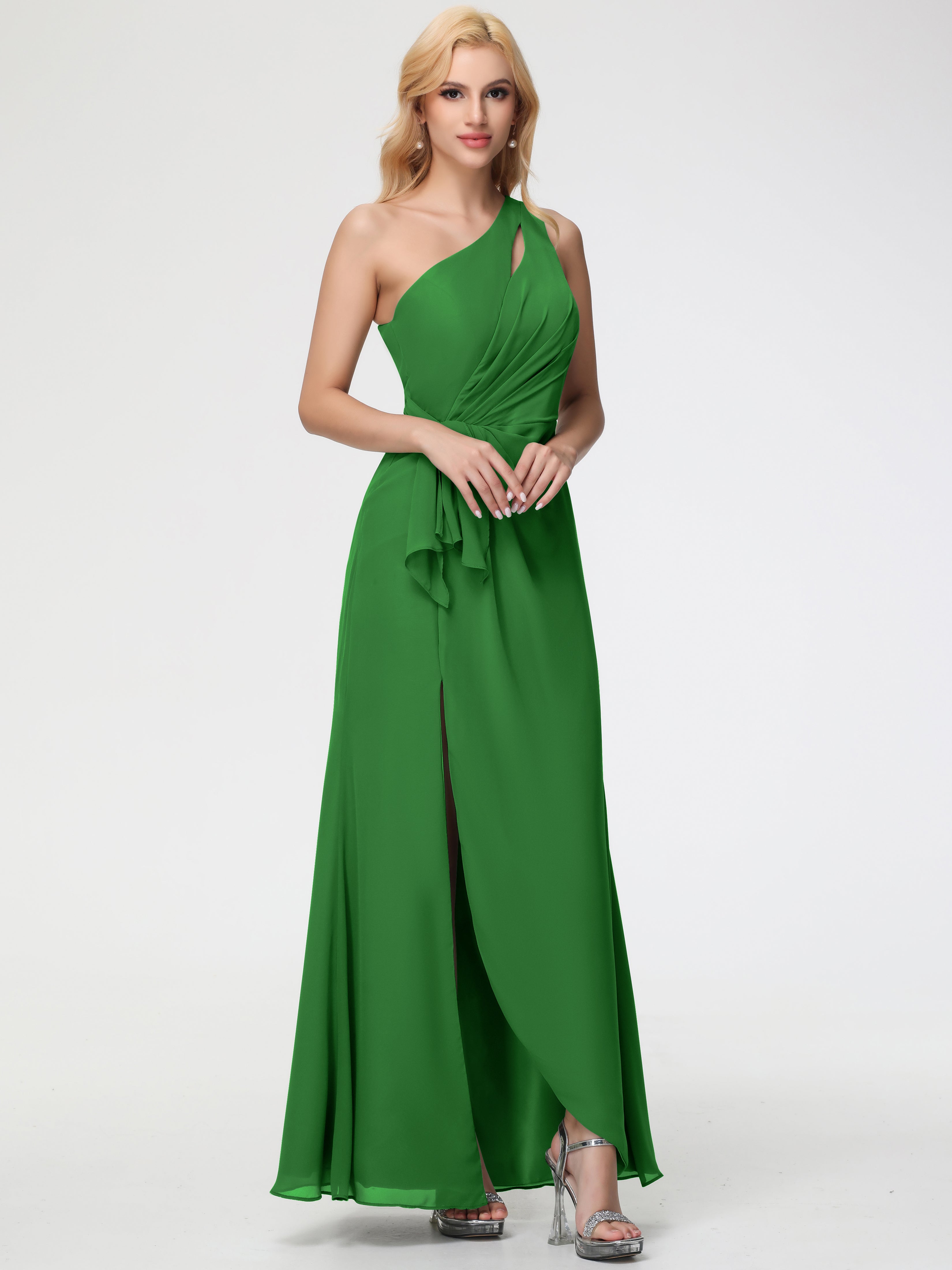 Robe Verte Demoiselle D Honneur Seule-Épaule Fendue Trapèze Mousseline Robe Demoiselle D'Honneur