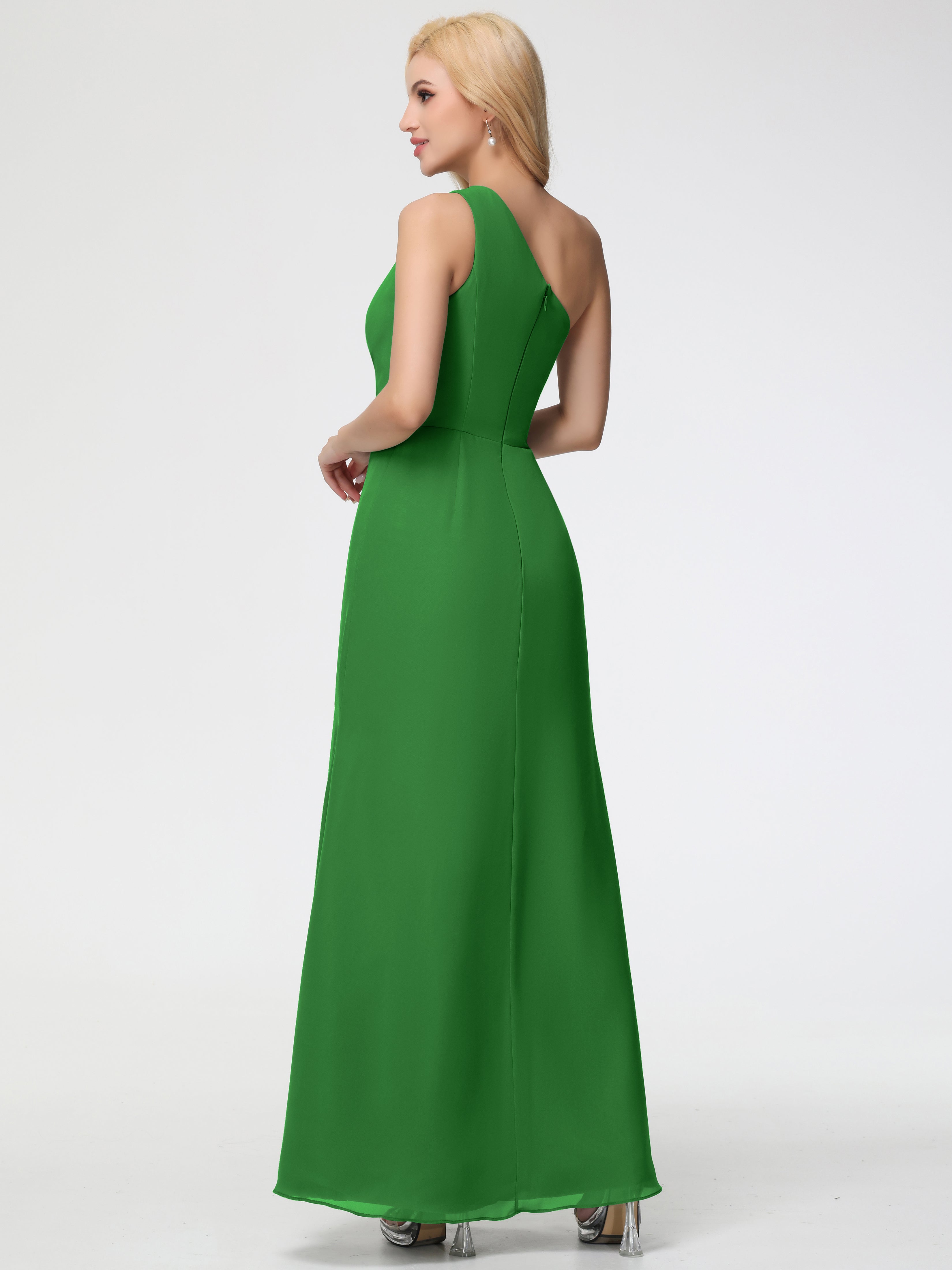 Robe Verte Demoiselle D Honneur Seule-Épaule Fendue Trapèze Mousseline Robe Demoiselle D'Honneur