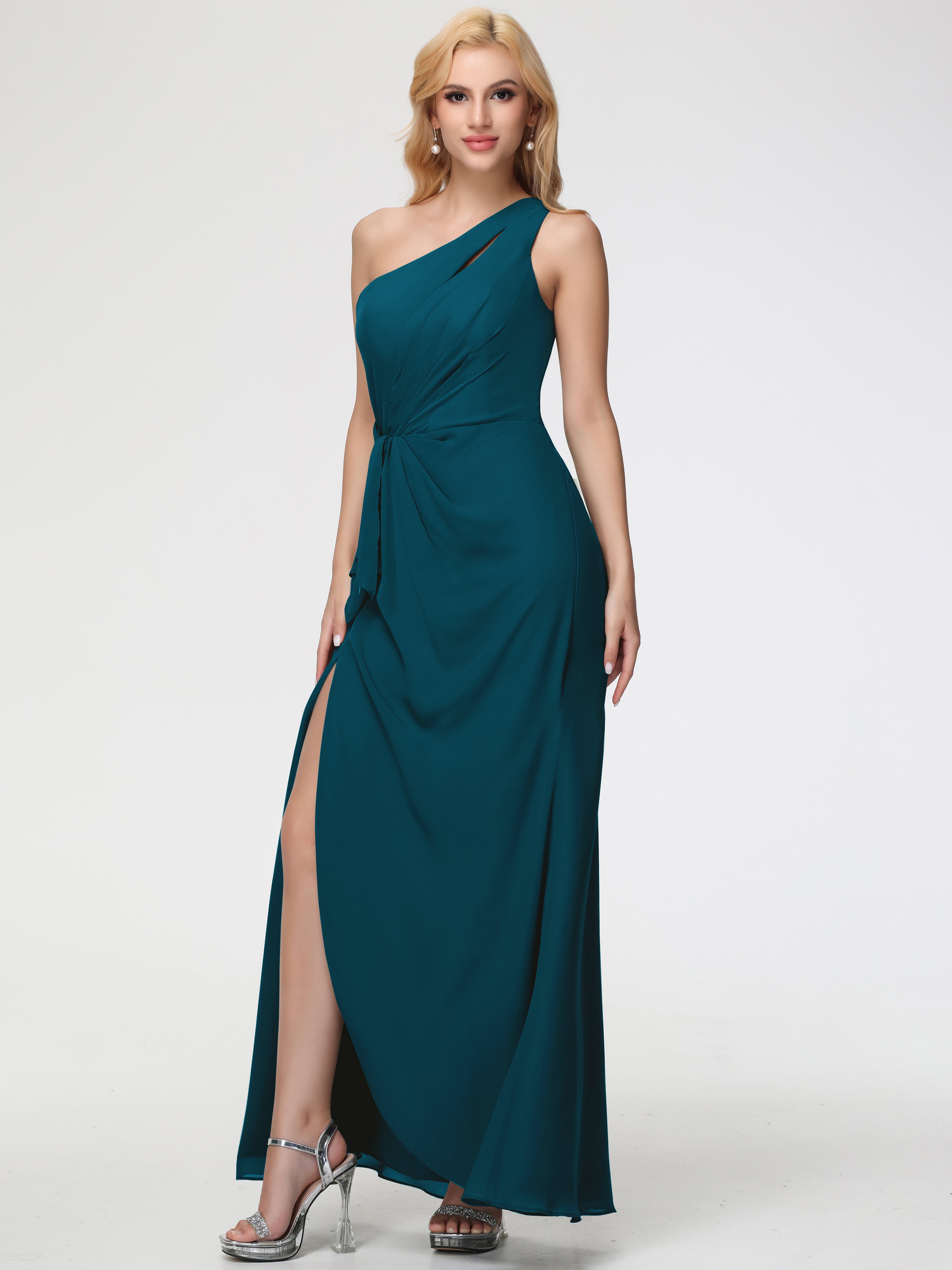 Robe De Demoiselle D'Honneur Bleu Encre Seule-Épaule Fendue Trapèze Mousseline Robe Demoiselle D'Honneur