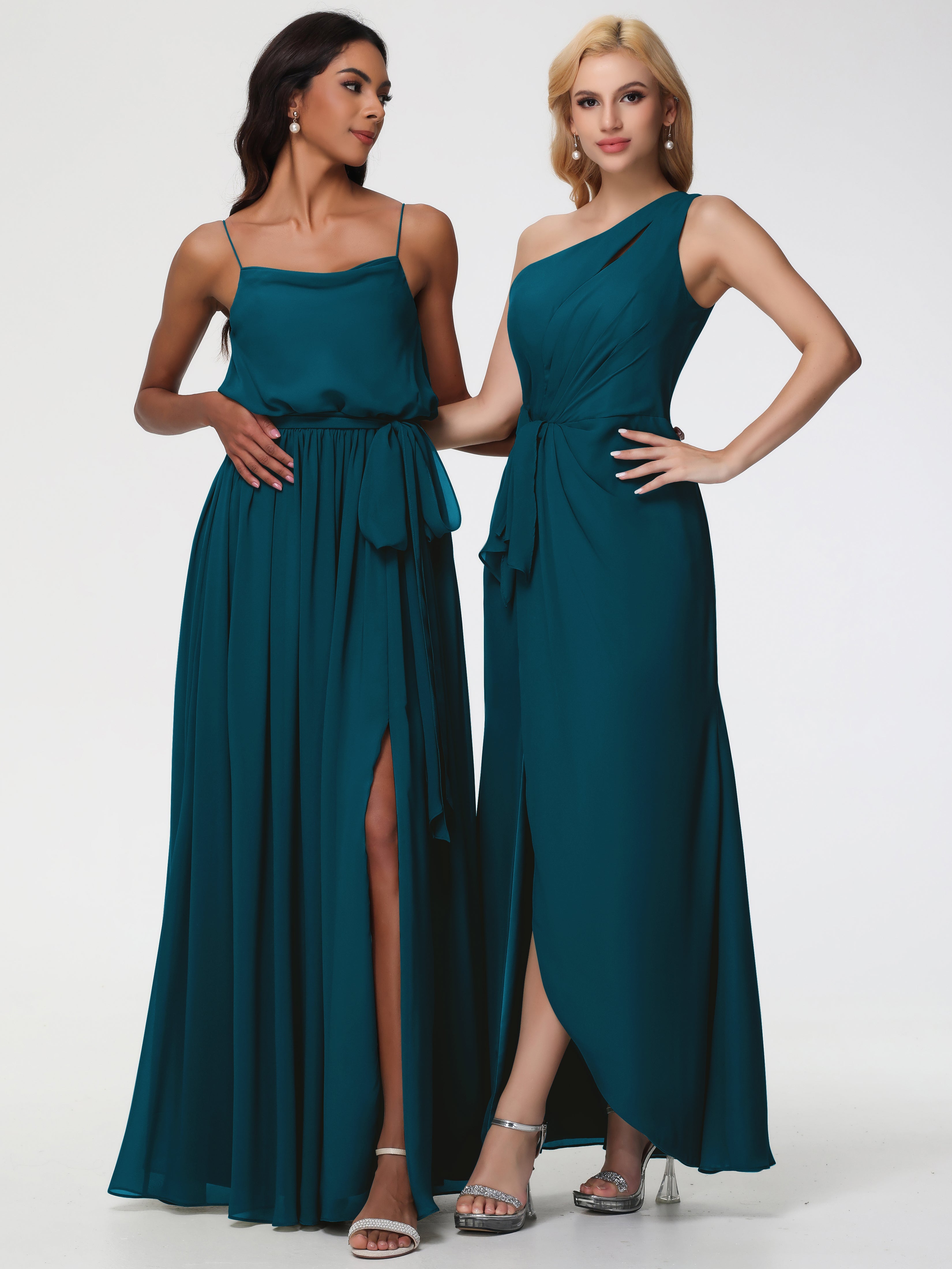Robe De Demoiselle D'Honneur Bleu Encre Seule-Épaule Fendue Trapèze Mousseline Robe Demoiselle D'Honneur