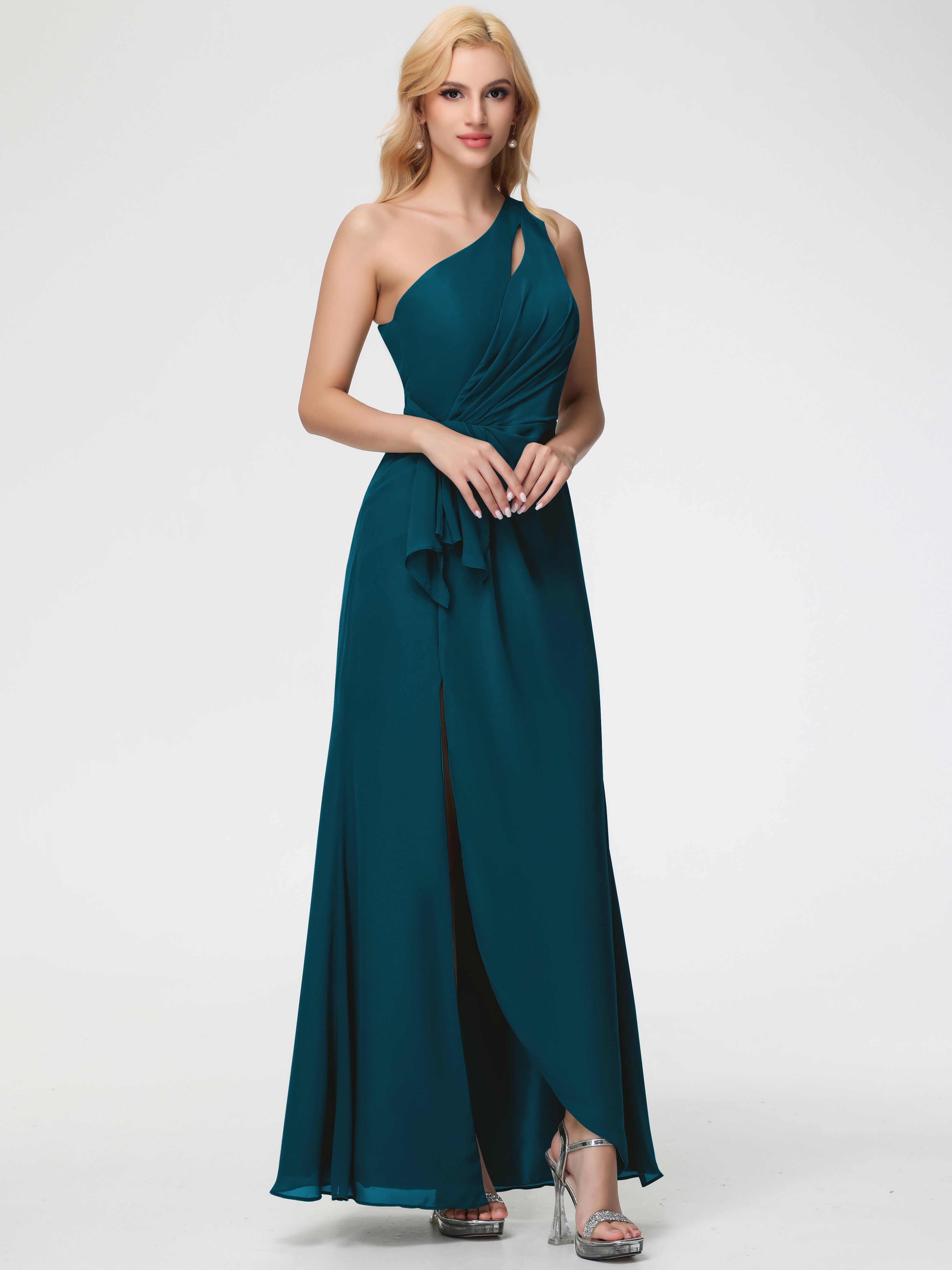 Robe De Demoiselle D'Honneur Bleu Encre Seule-Épaule Fendue Trapèze Mousseline Robe Demoiselle D'Honneur