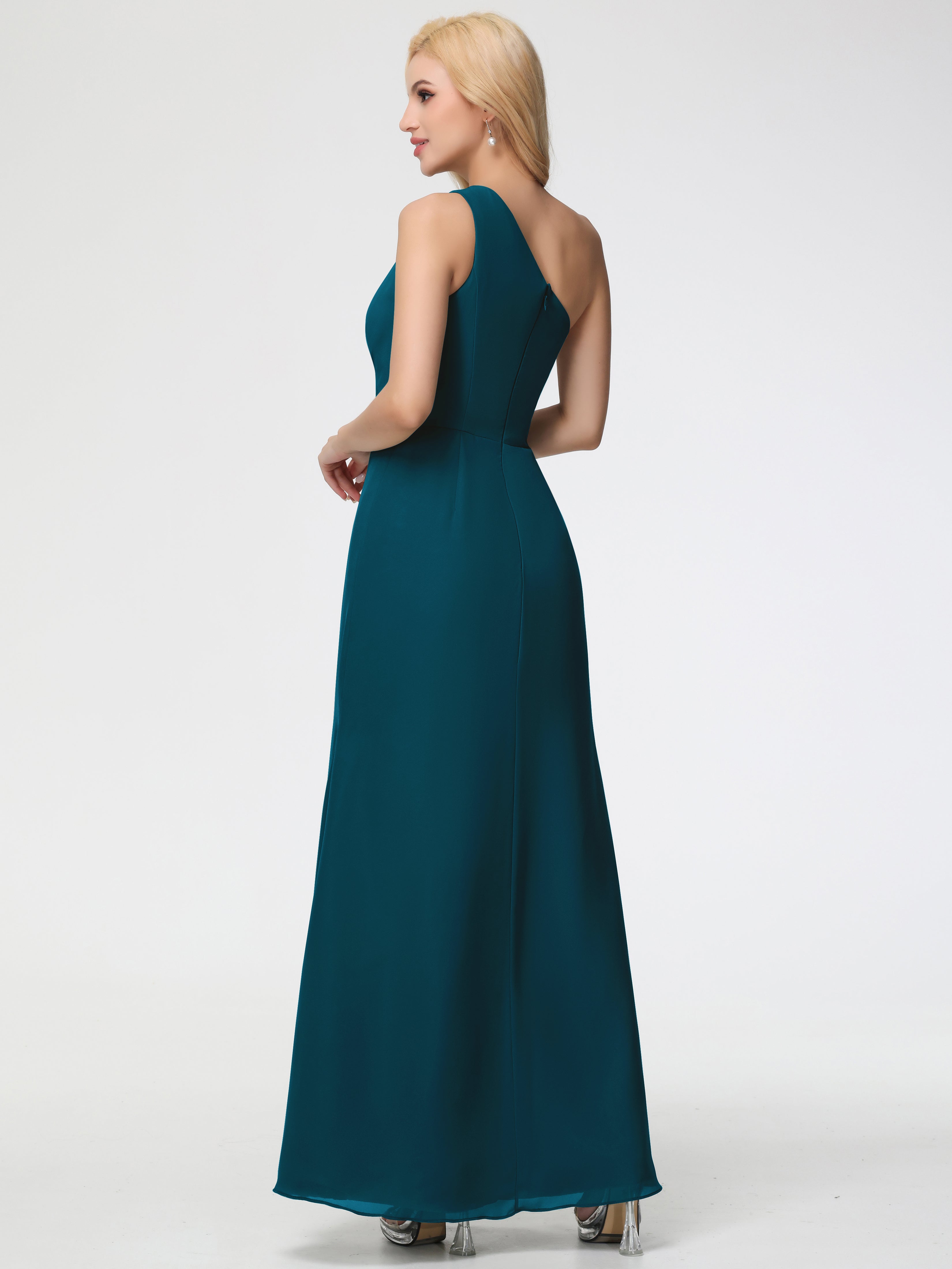 Robe De Demoiselle D'Honneur Bleu Encre Seule-Épaule Fendue Trapèze Mousseline Robe Demoiselle D'Honneur