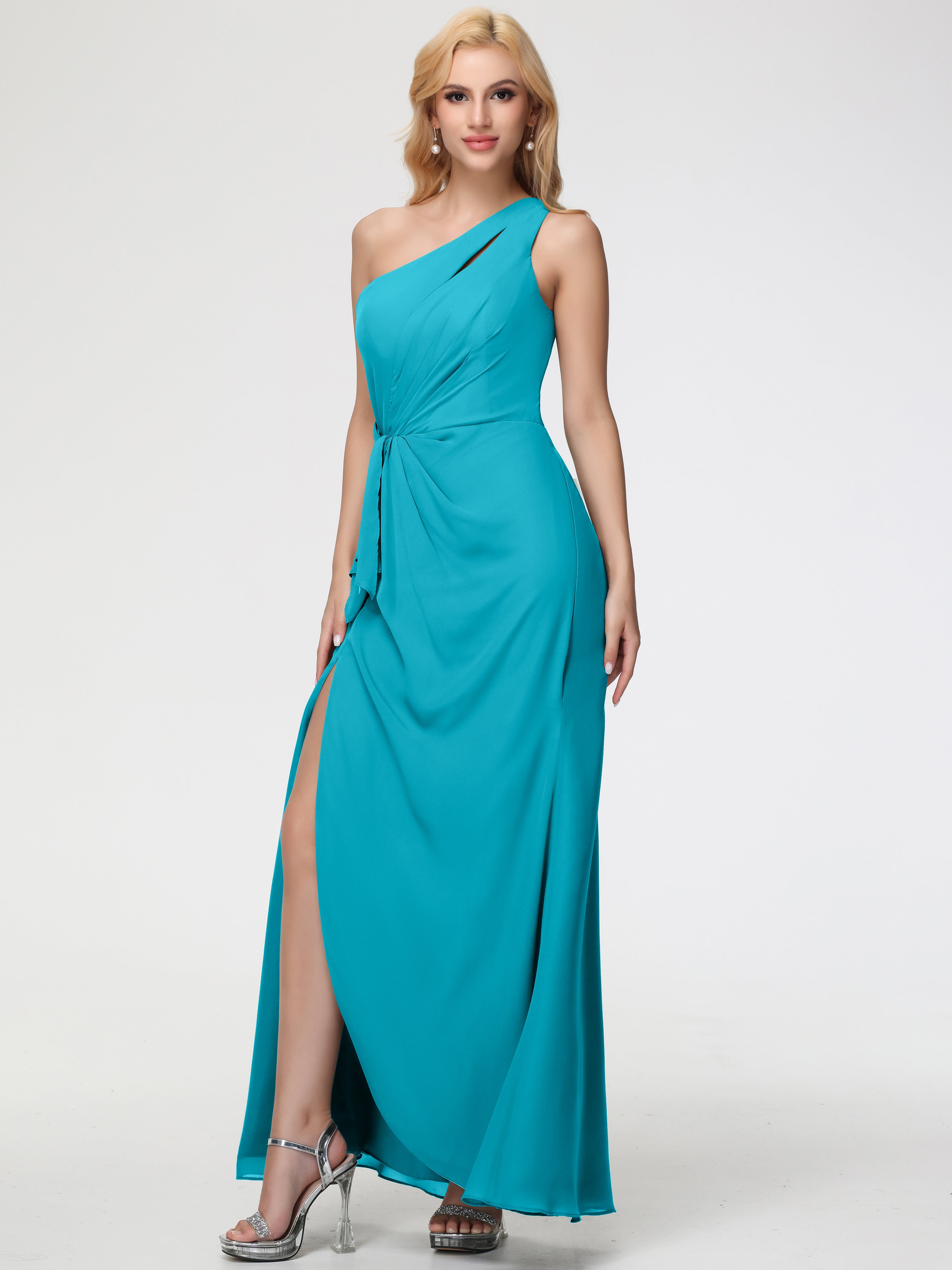Robes De Demoiselle D'Honneur Vert Jade Seule-Épaule Fendue Trapèze Mousseline Robe Demoiselle D'Honneur