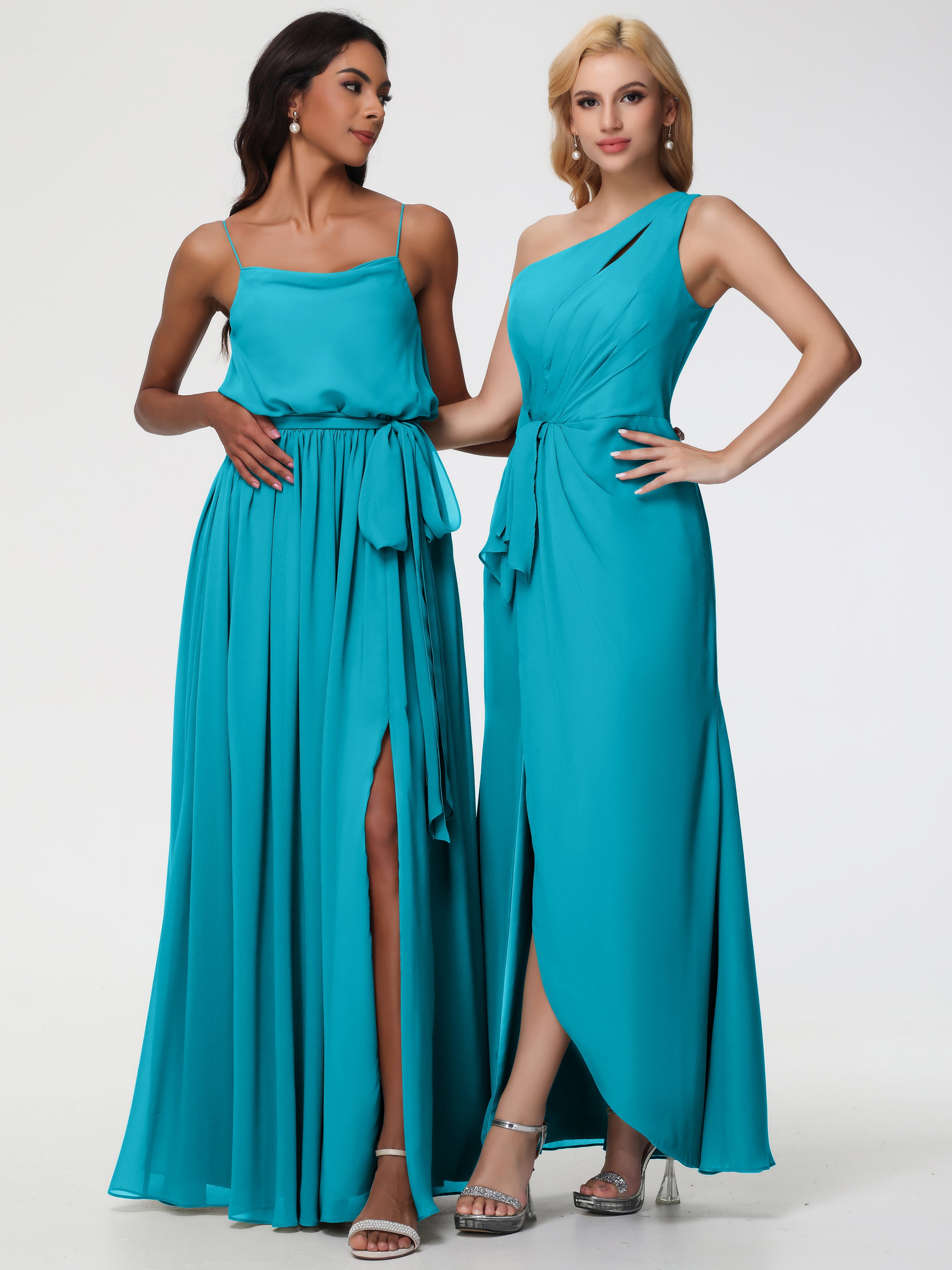 Robes De Demoiselle D'Honneur Vert Jade Seule-Épaule Fendue Trapèze Mousseline Robe Demoiselle D'Honneur