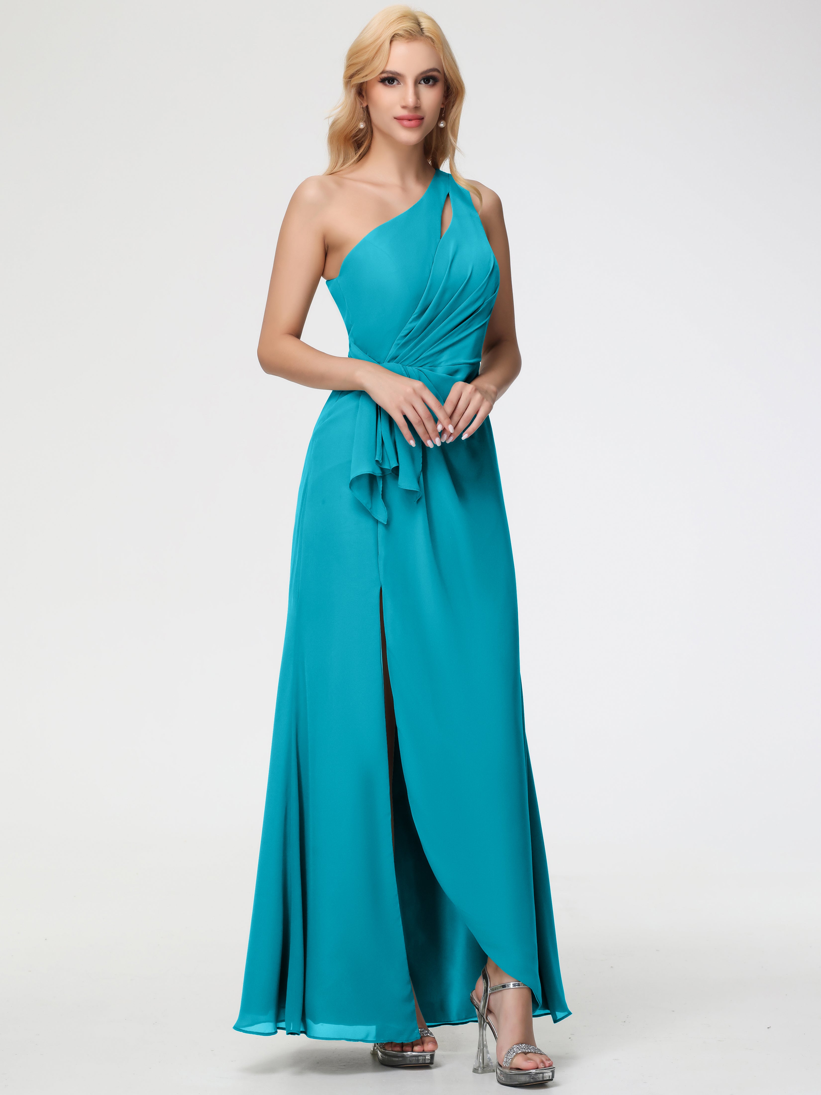 Robes De Demoiselle D'Honneur Vert Jade Seule-Épaule Fendue Trapèze Mousseline Robe Demoiselle D'Honneur
