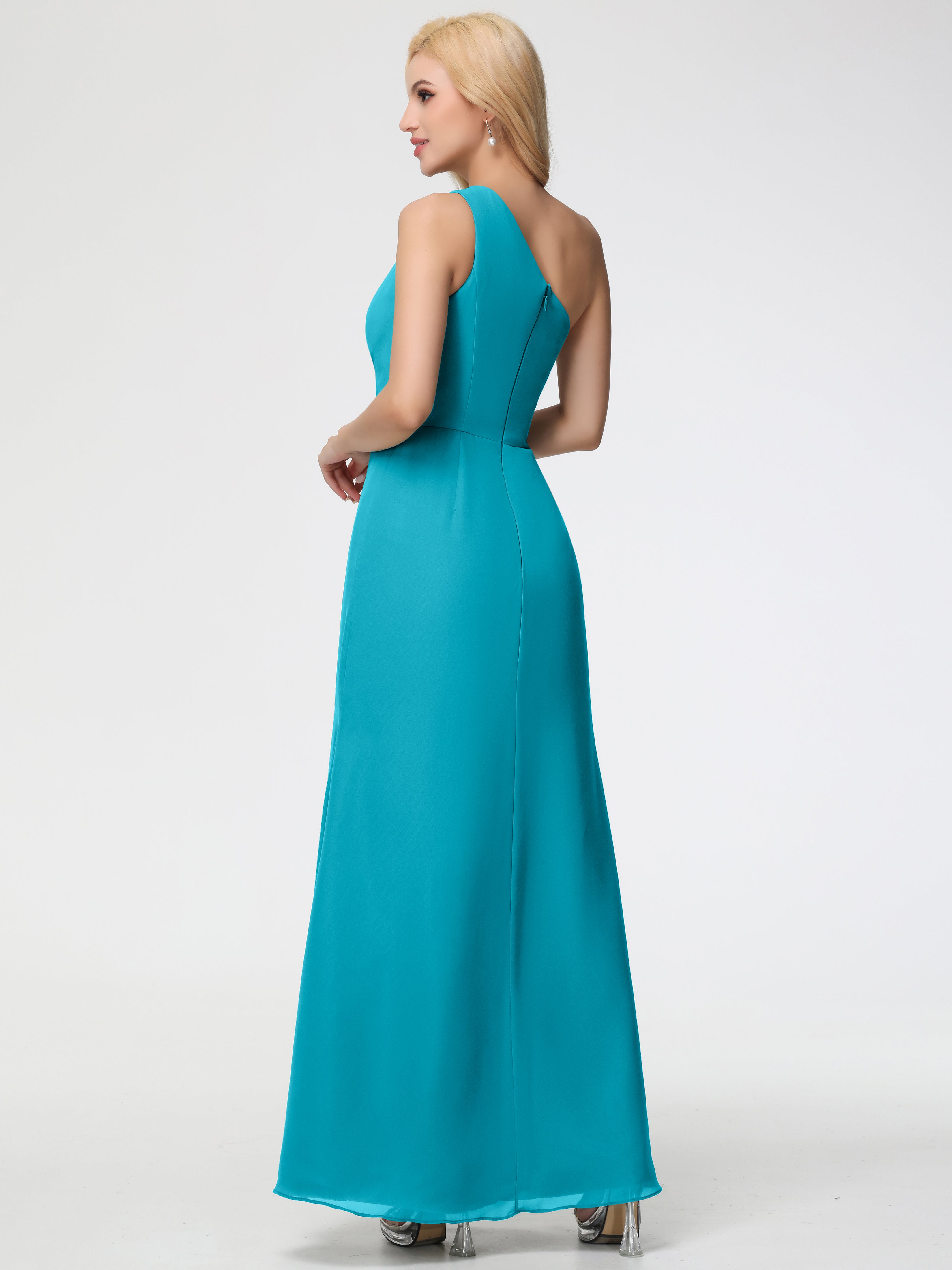 Robes De Demoiselle D'Honneur Vert Jade Seule-Épaule Fendue Trapèze Mousseline Robe Demoiselle D'Honneur