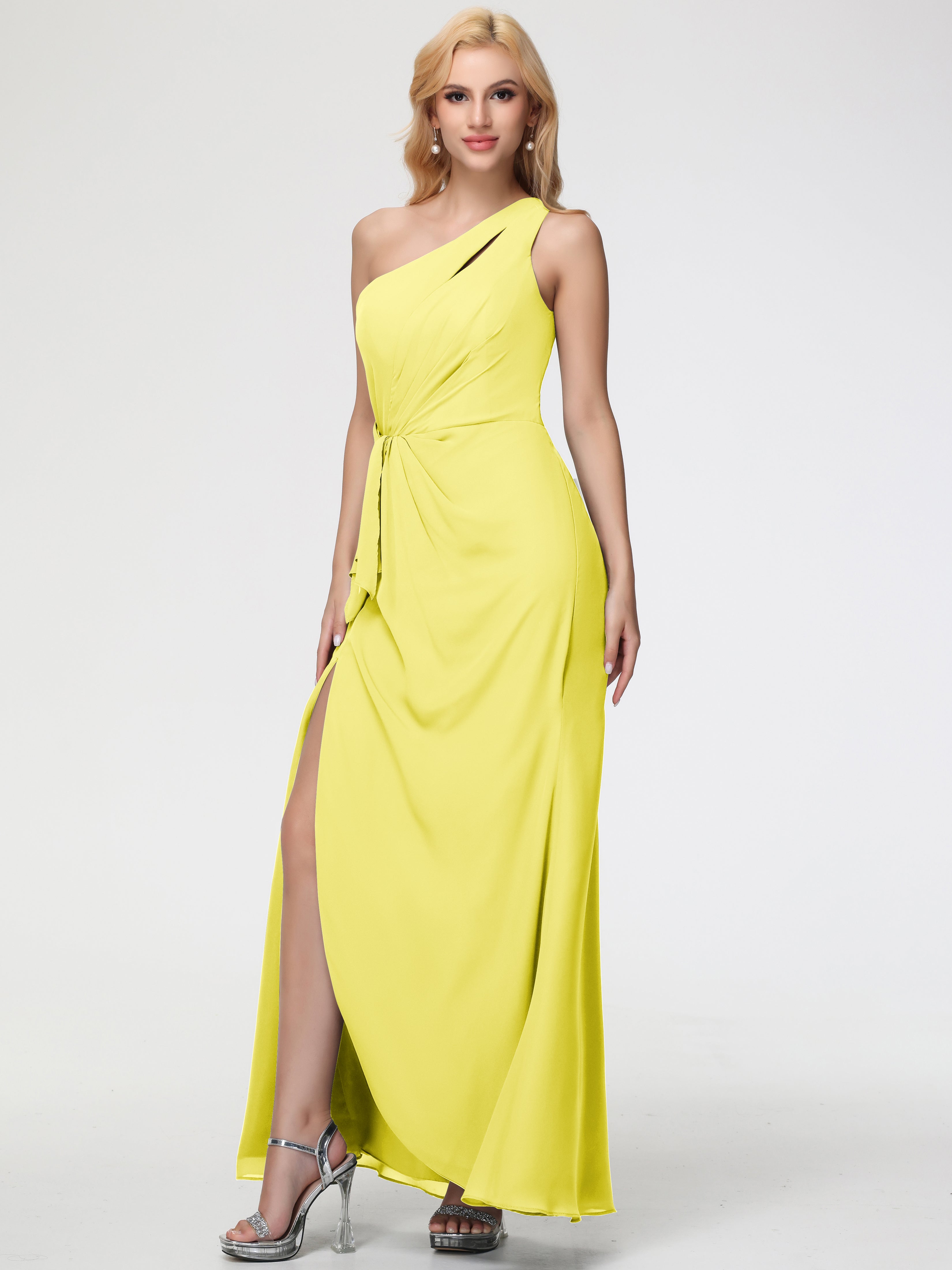 Robes De Demoiselle D'Honneur Jaune Citron Seule-Épaule Fendue Trapèze Mousseline Robe Demoiselle D'Honneur