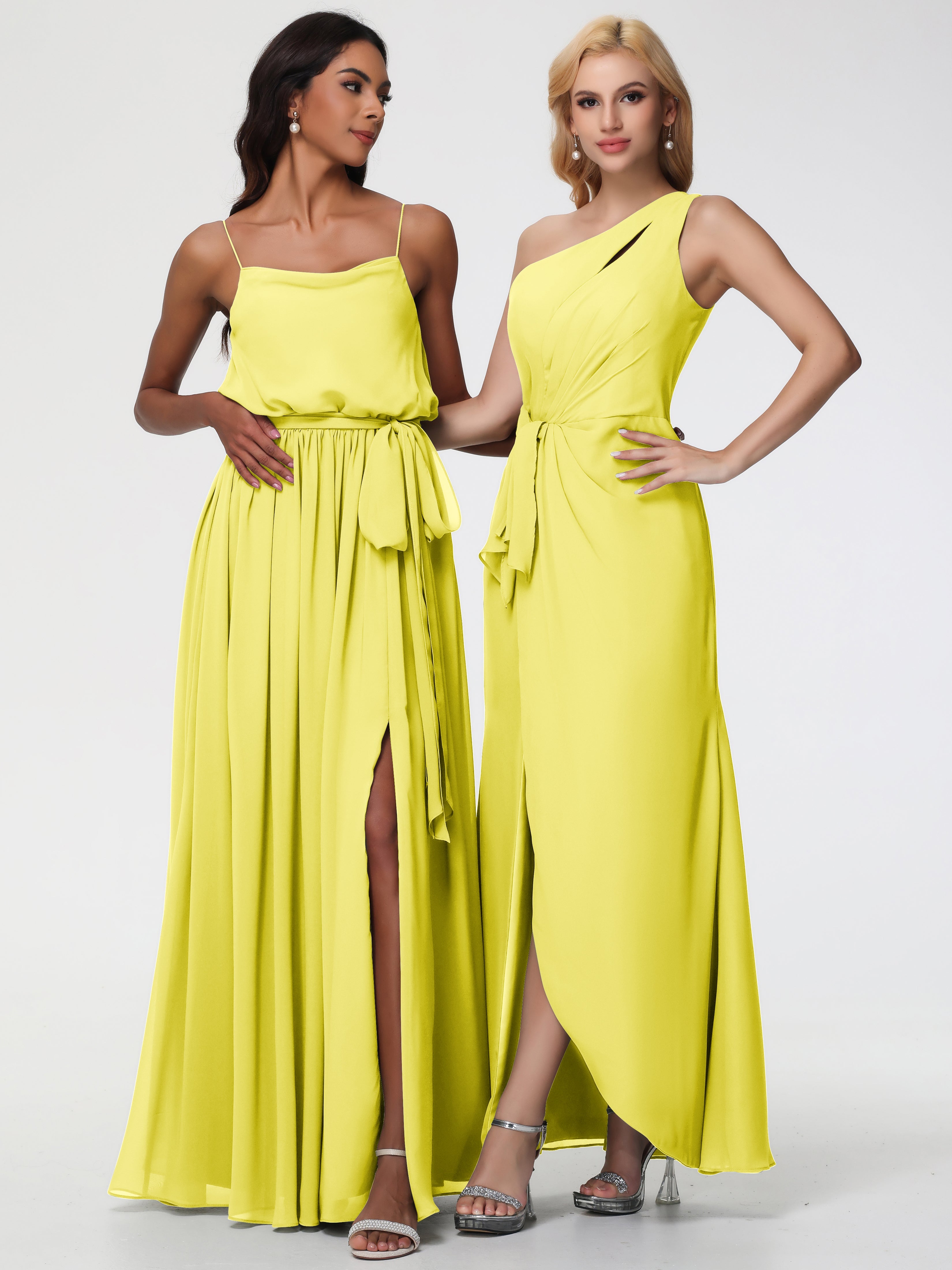 Robes De Demoiselle D'Honneur Jaune Citron Seule-Épaule Fendue Trapèze Mousseline Robe Demoiselle D'Honneur