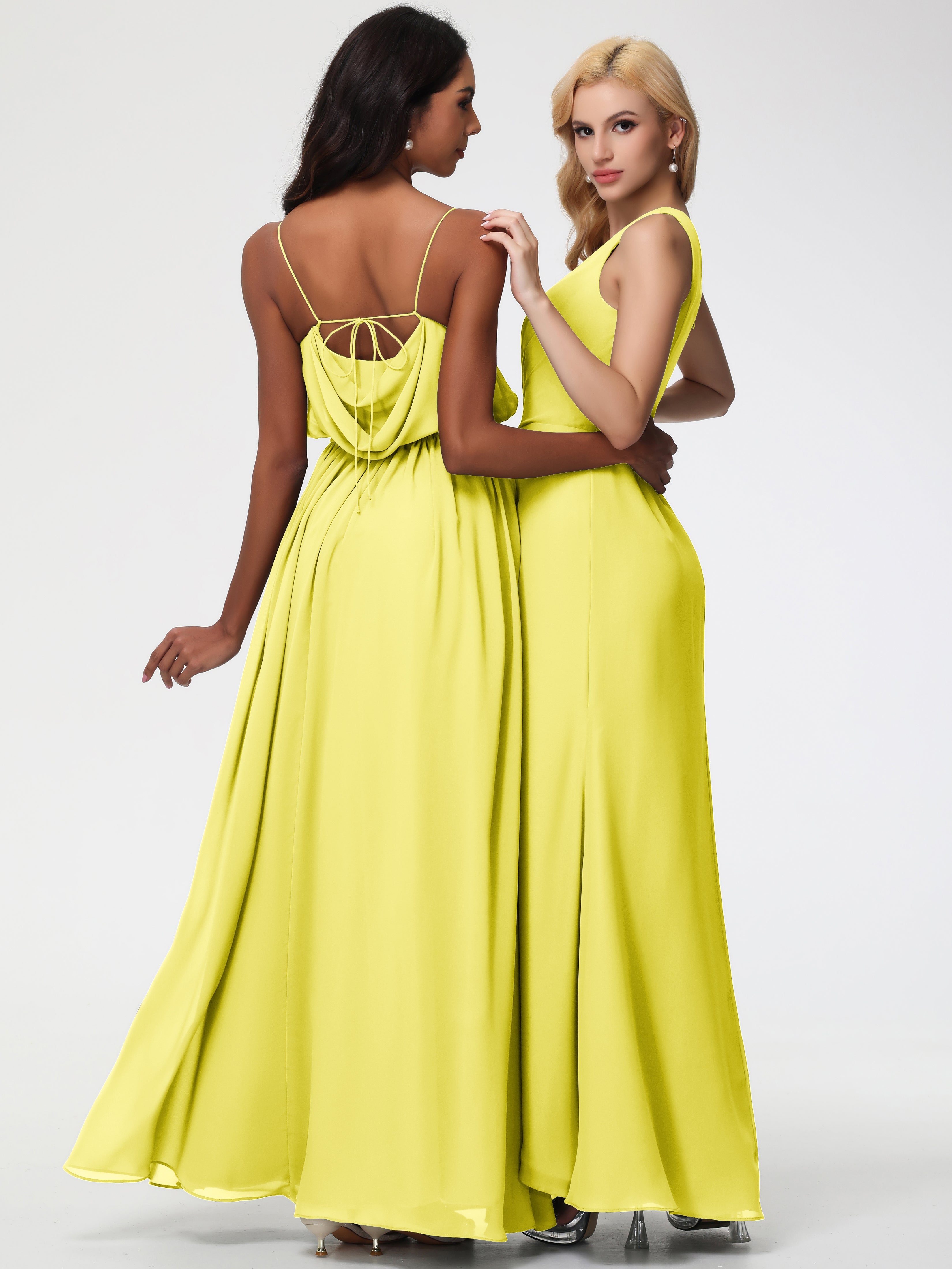 Robes De Demoiselle D'Honneur Jaune Citron Seule-Épaule Fendue Trapèze Mousseline Robe Demoiselle D'Honneur