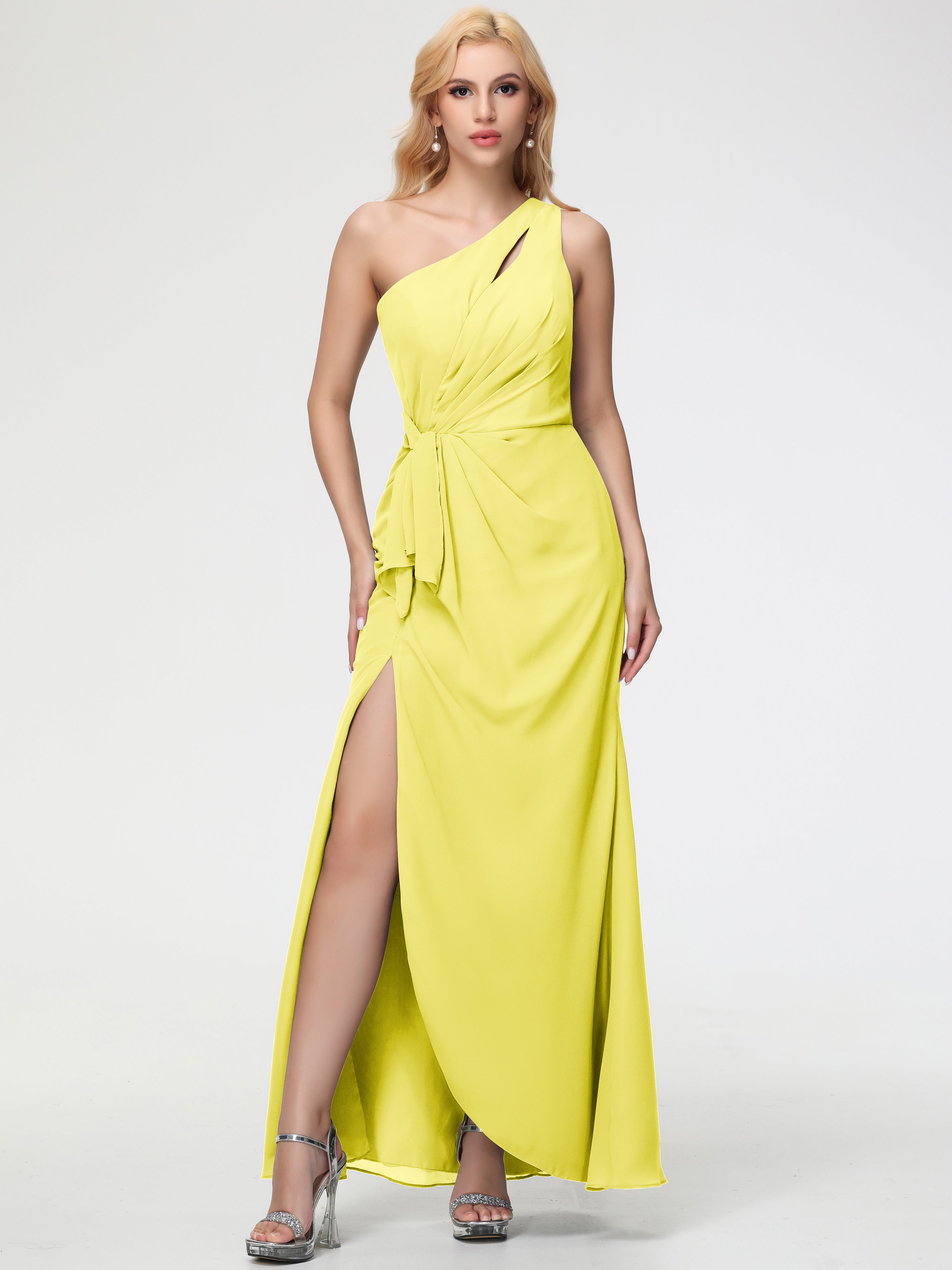 Robes De Demoiselle D'Honneur Jaune Citron Seule-Épaule Fendue Trapèze Mousseline Robe Demoiselle D'Honneur