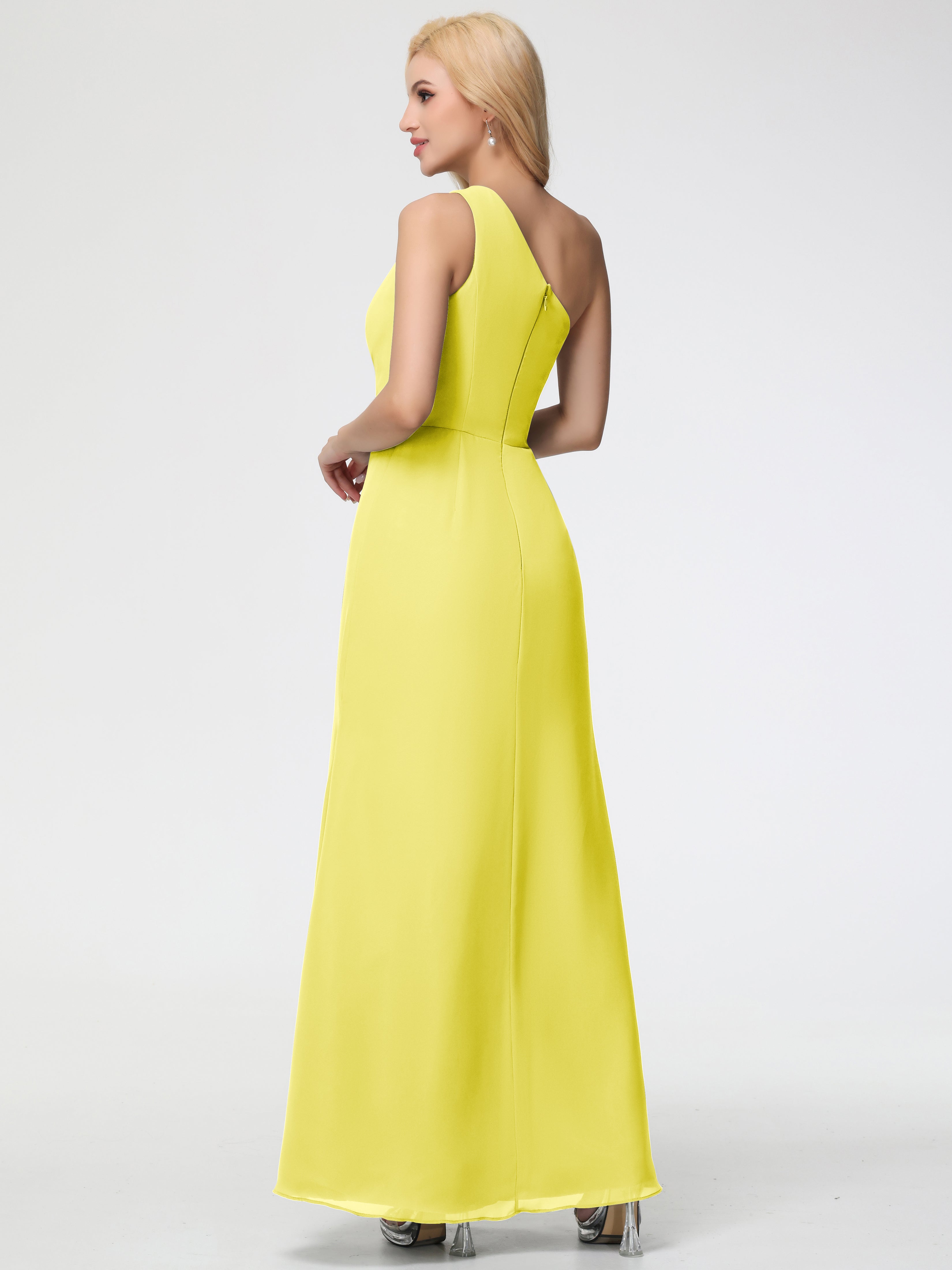 Robes De Demoiselle D'Honneur Jaune Citron Seule-Épaule Fendue Trapèze Mousseline Robe Demoiselle D'Honneur