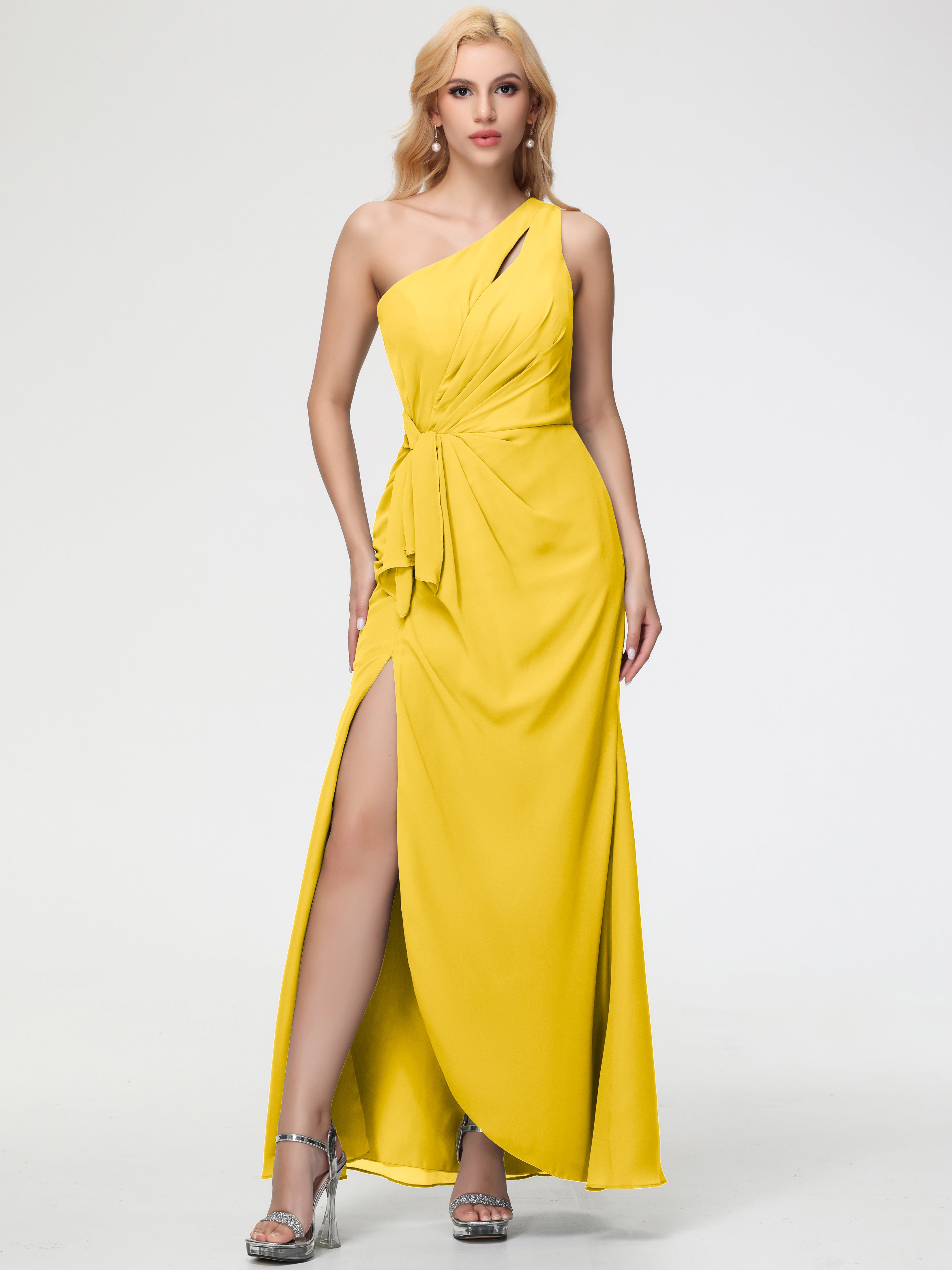 Robe De Demoiselle D'Honneur Souci Seule-Épaule Fendue Trapèze Mousseline Robe Demoiselle D'Honneur