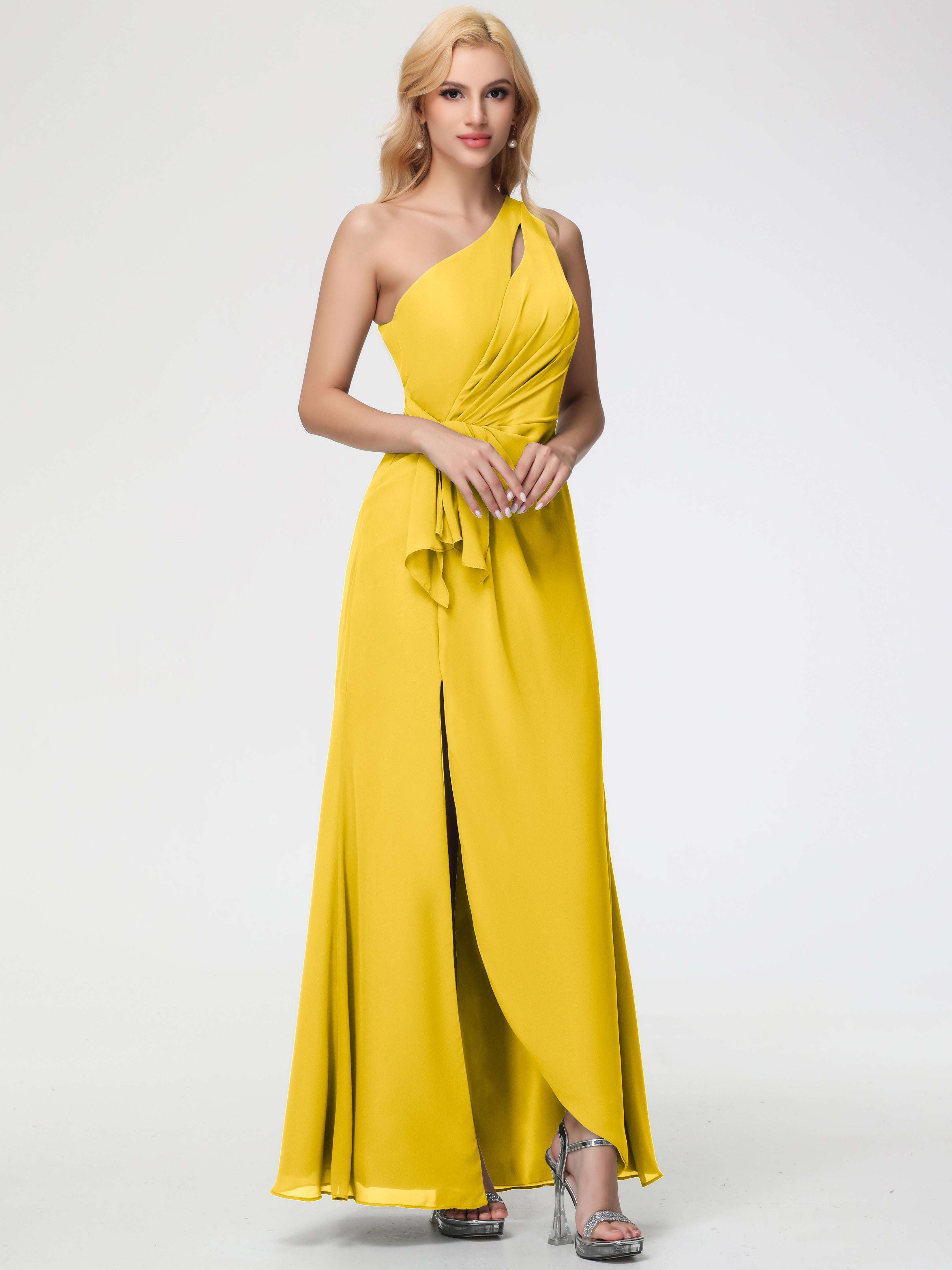 Robe De Demoiselle D'Honneur Souci Seule-Épaule Fendue Trapèze Mousseline Robe Demoiselle D'Honneur