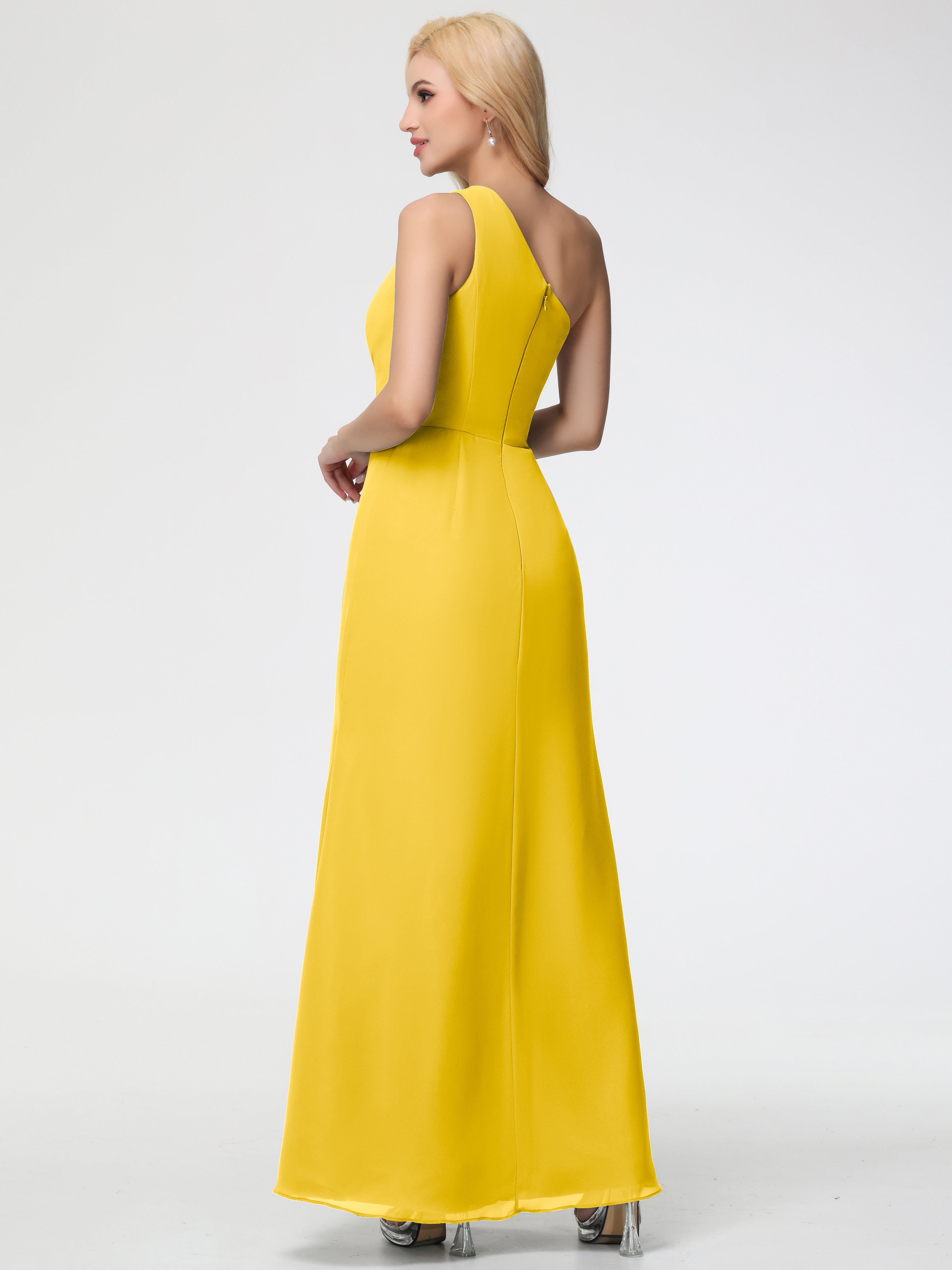 Robe De Demoiselle D'Honneur Souci Seule-Épaule Fendue Trapèze Mousseline Robe Demoiselle D'Honneur