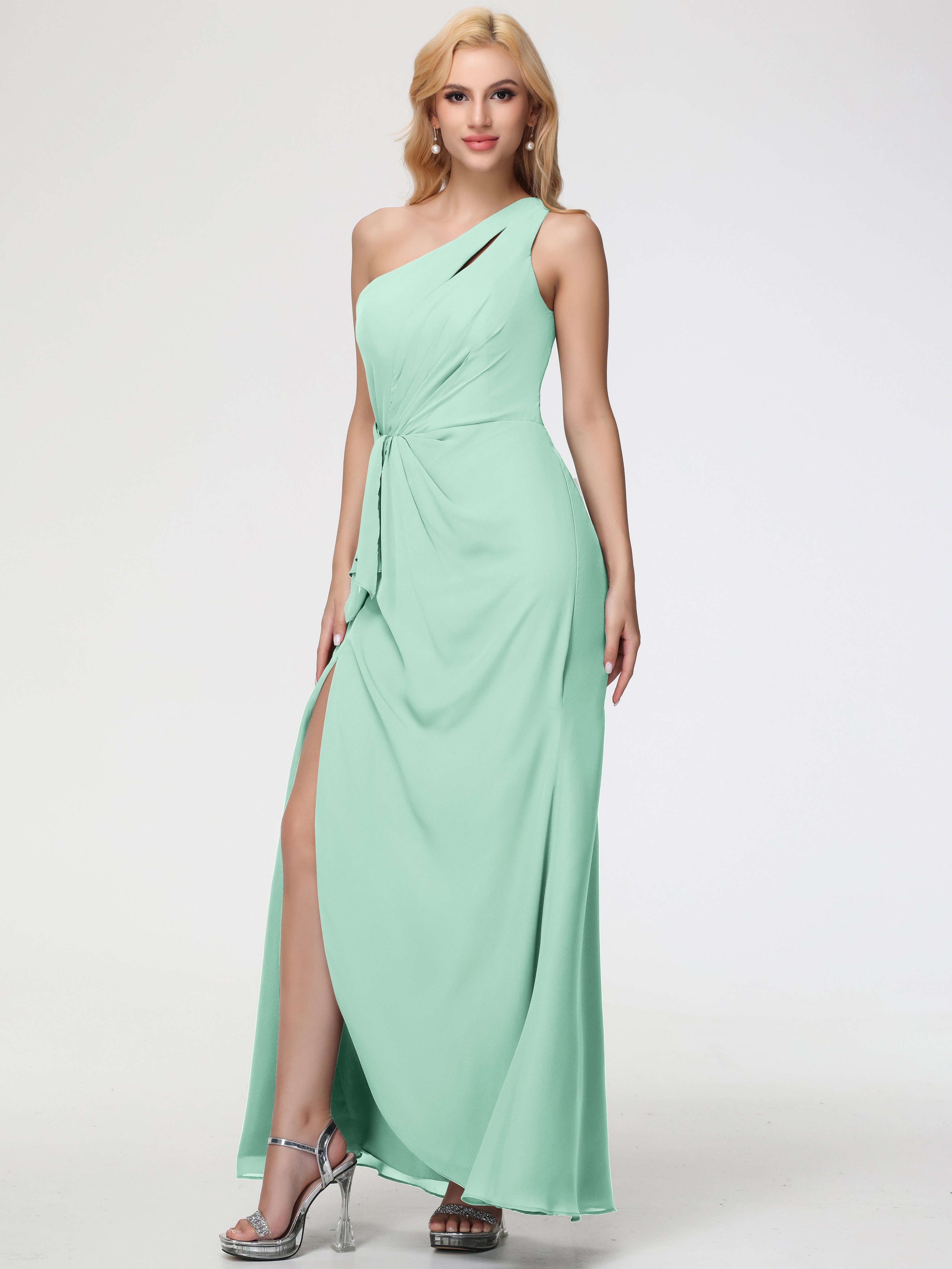 Robes De Demoiselle D'Honneur Vert Menthe Seule-Épaule Fendue Trapèze Mousseline Robe Demoiselle D'Honneur