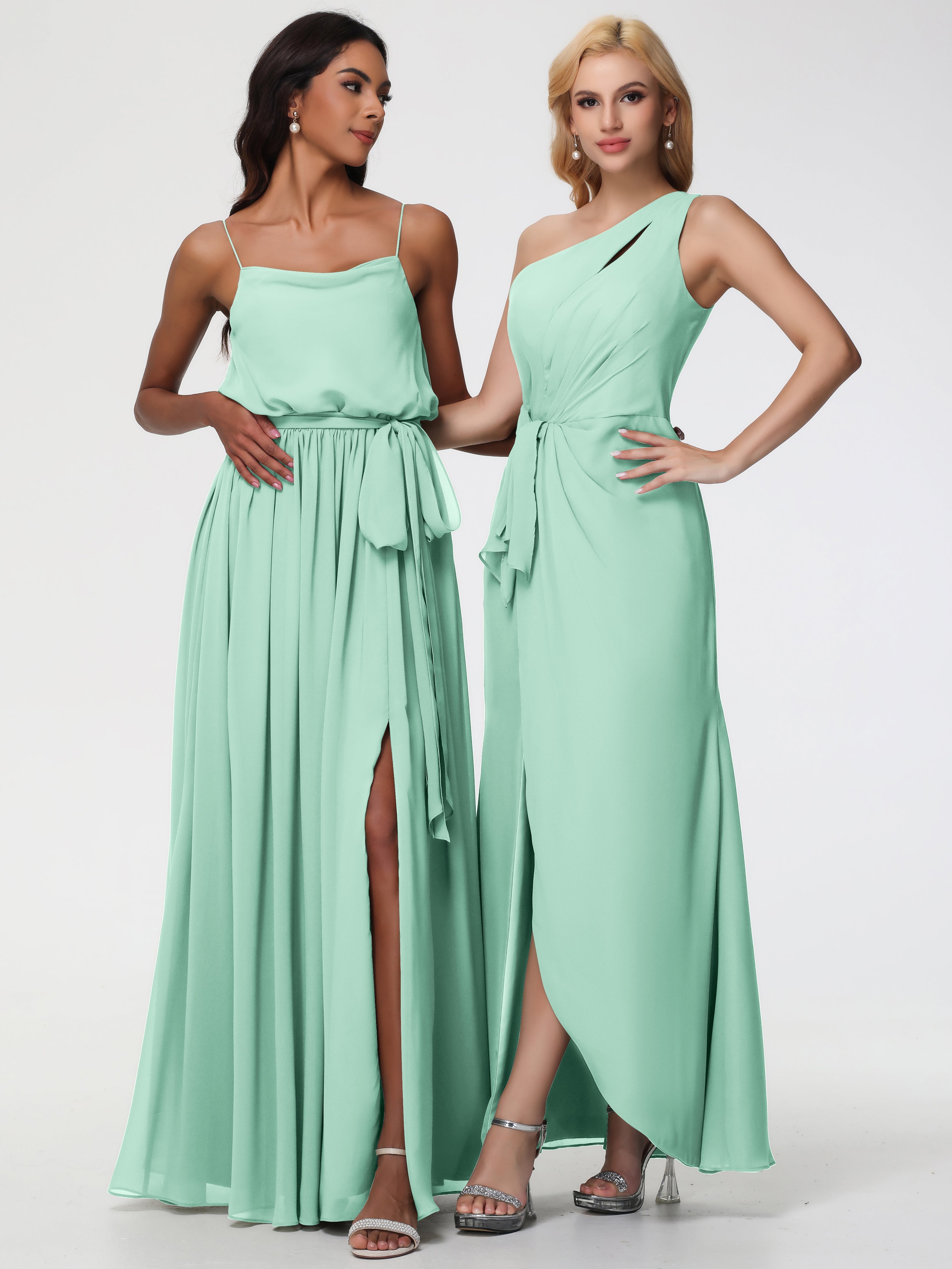 Robes De Demoiselle D'Honneur Vert Menthe Seule-Épaule Fendue Trapèze Mousseline Robe Demoiselle D'Honneur