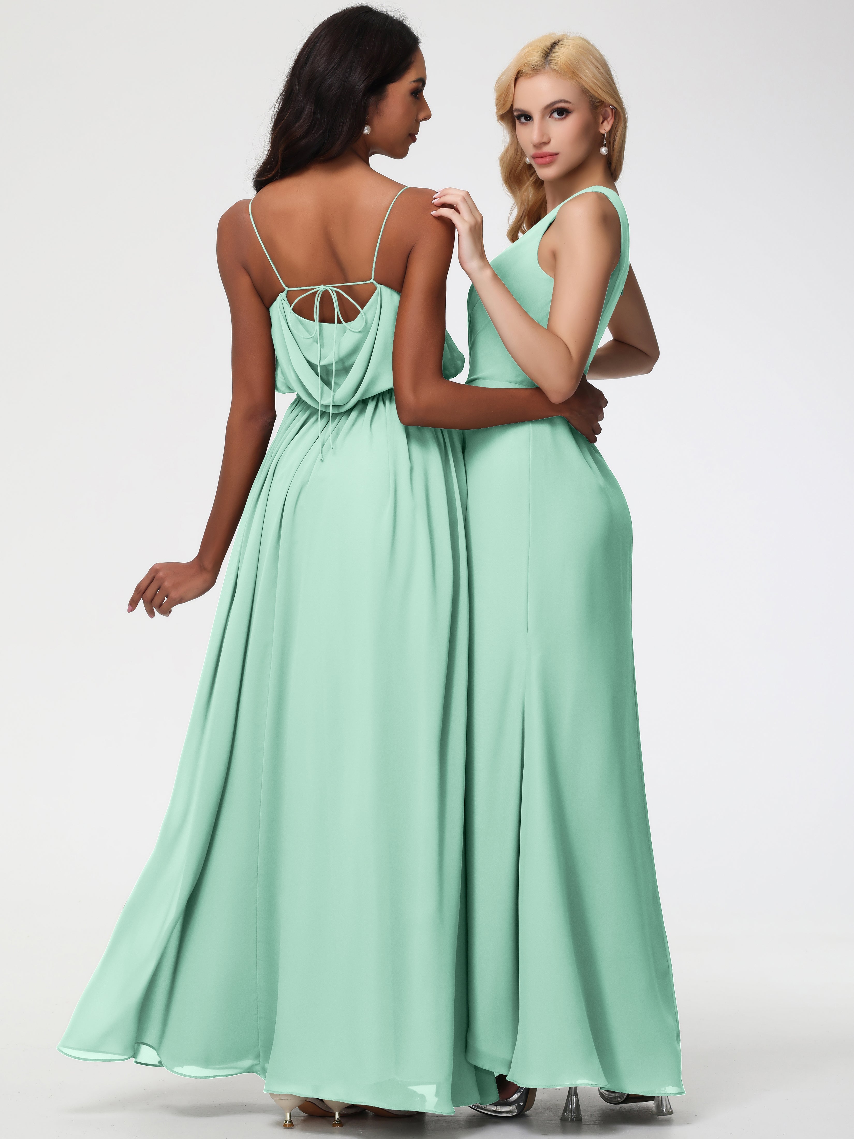 Robes De Demoiselle D'Honneur Vert Menthe Seule-Épaule Fendue Trapèze Mousseline Robe Demoiselle D'Honneur