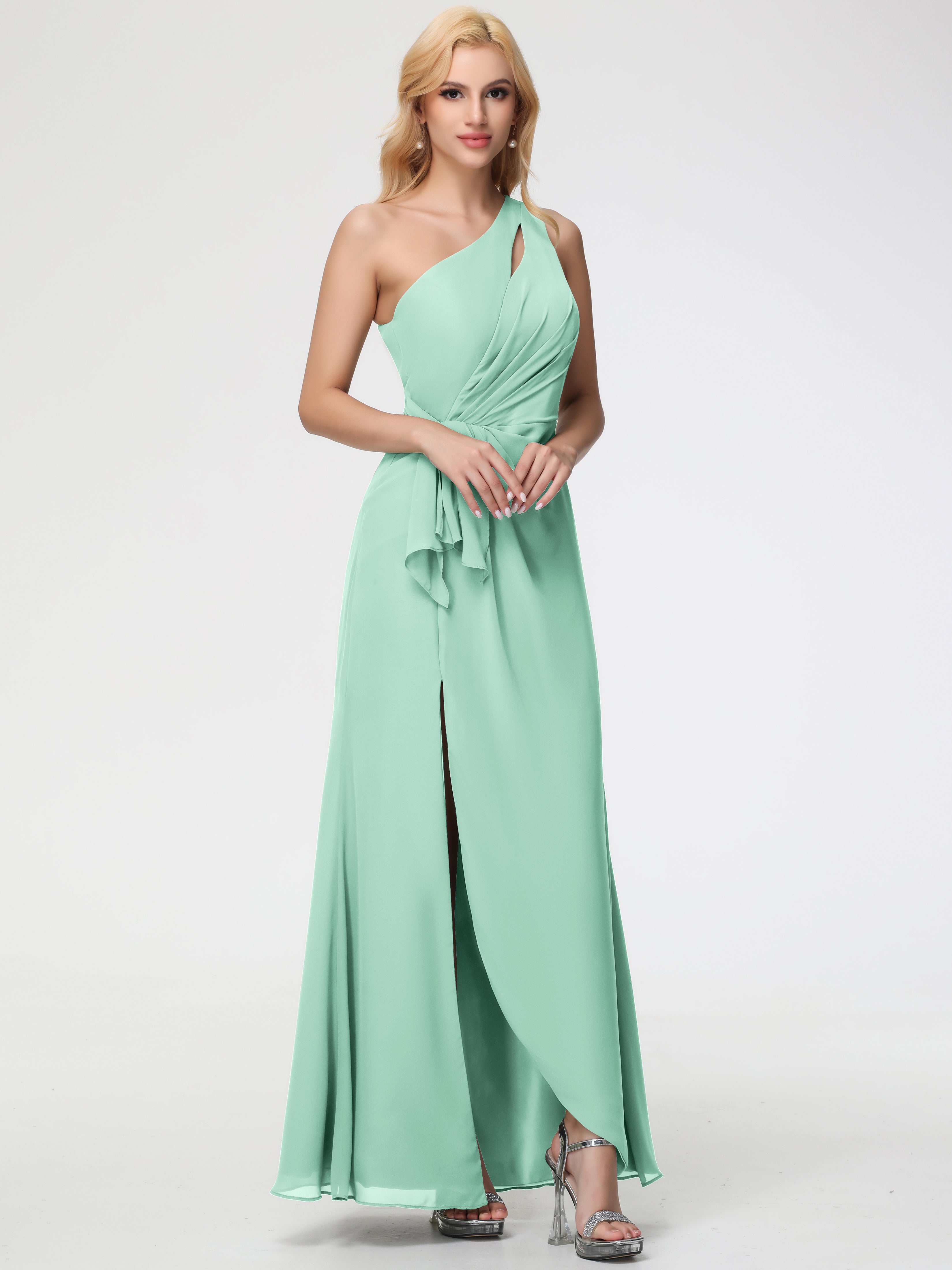Robes De Demoiselle D'Honneur Vert Menthe Seule-Épaule Fendue Trapèze Mousseline Robe Demoiselle D'Honneur