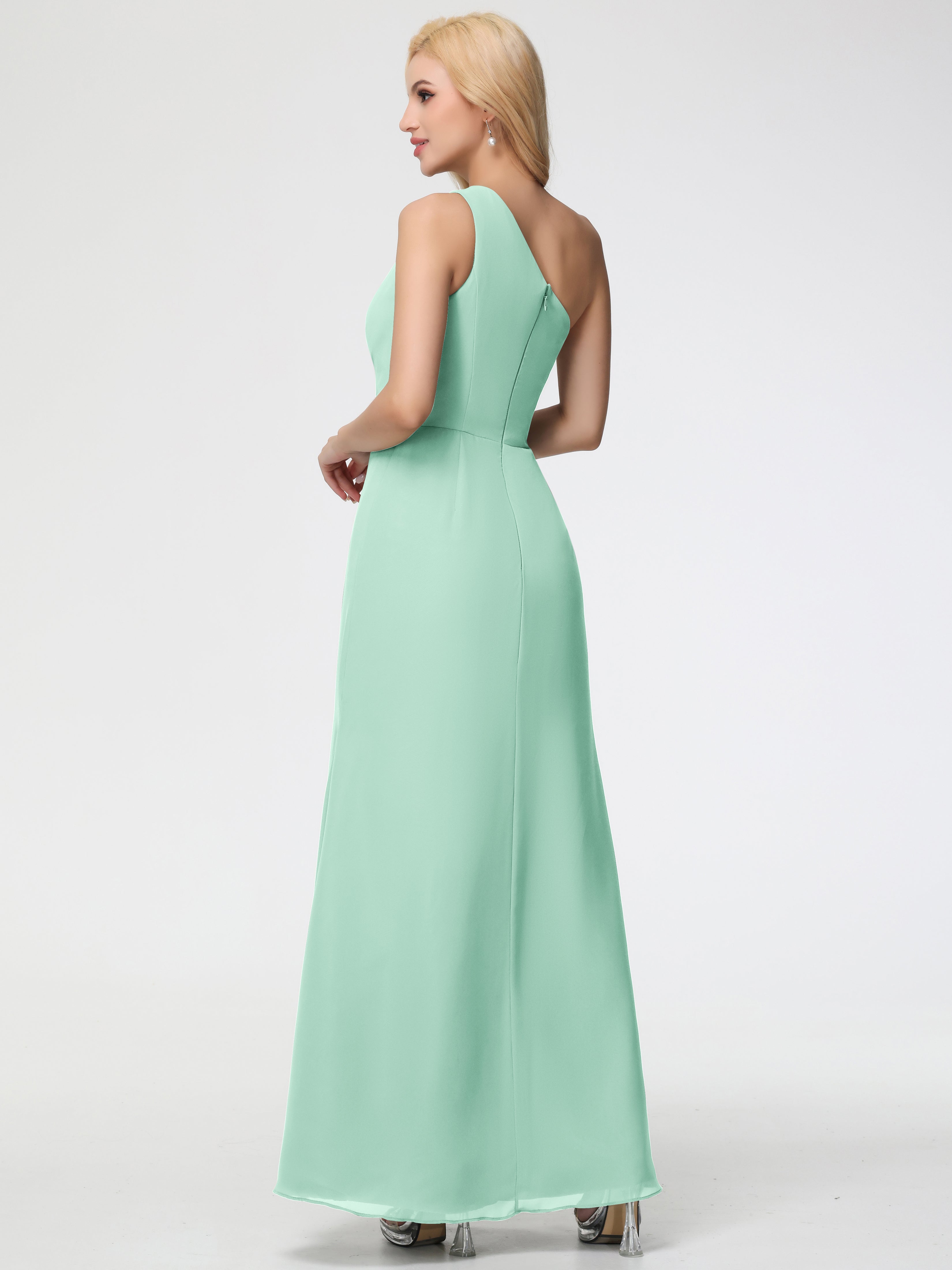 Robes De Demoiselle D'Honneur Vert Menthe Seule-Épaule Fendue Trapèze Mousseline Robe Demoiselle D'Honneur