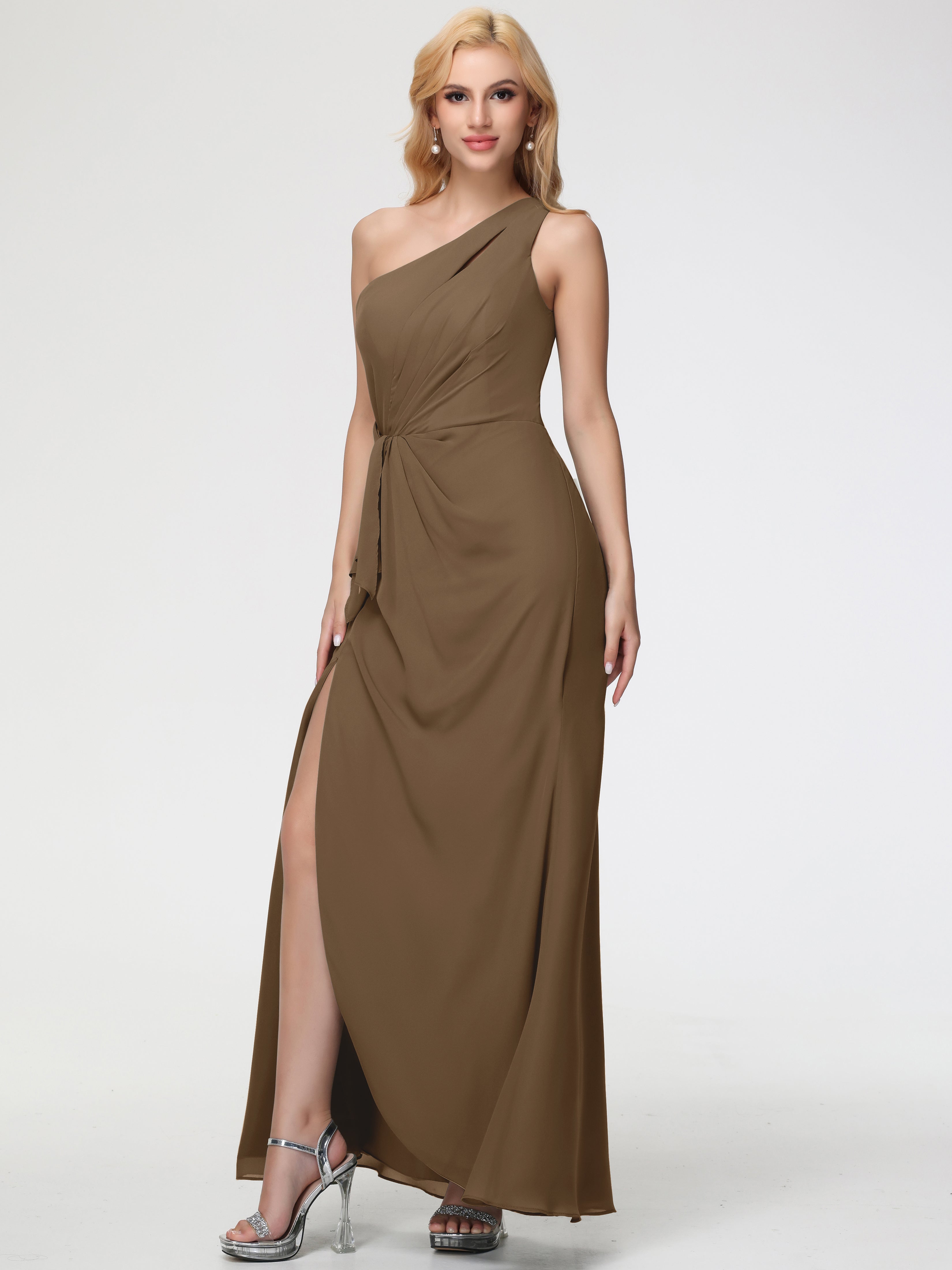 Robe De Demoiselle D'Honneur Moka Seule-Épaule Fendue Trapèze Mousseline Robe Demoiselle D'Honneur