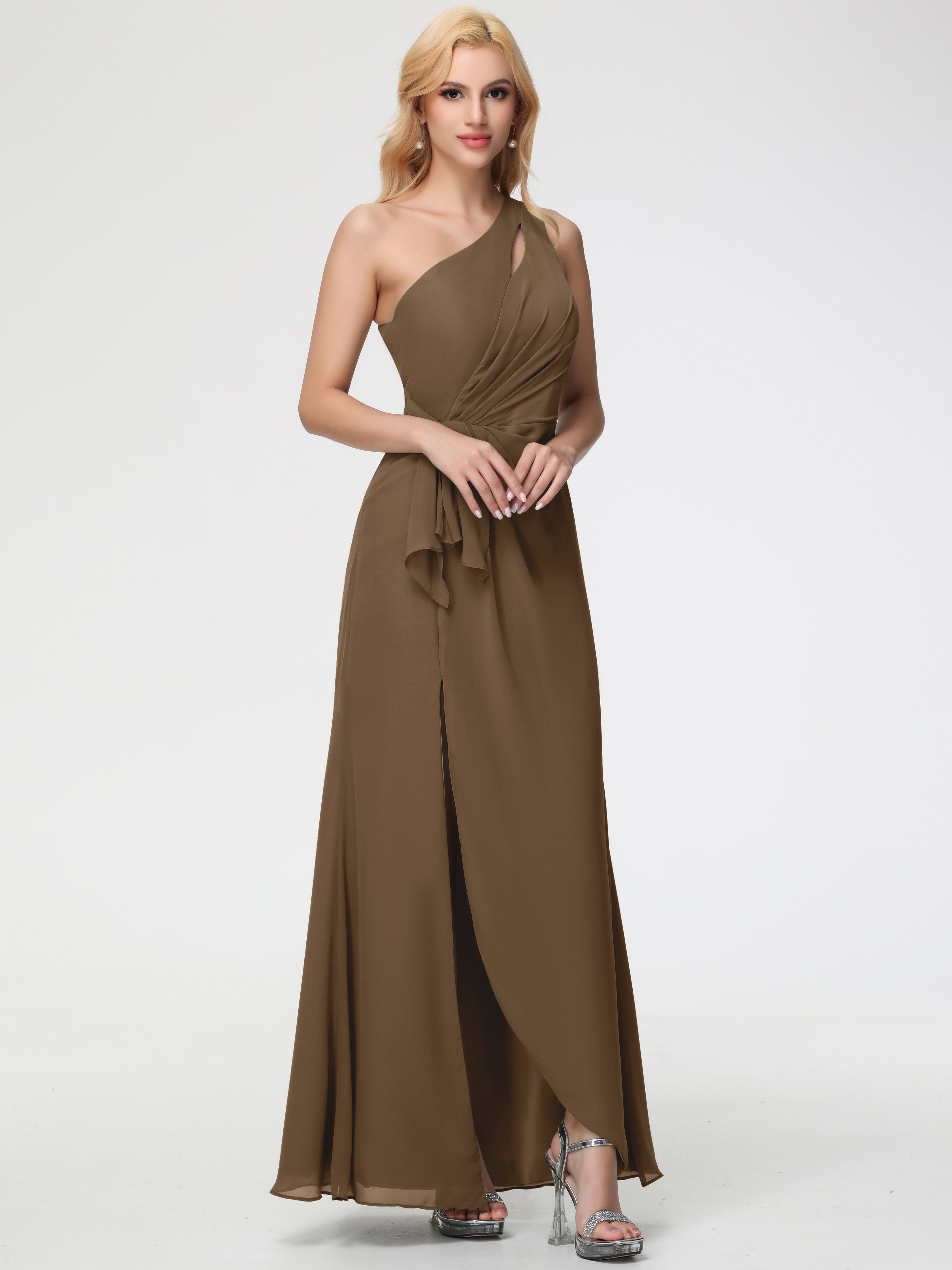 Robe De Demoiselle D'Honneur Moka Seule-Épaule Fendue Trapèze Mousseline Robe Demoiselle D'Honneur