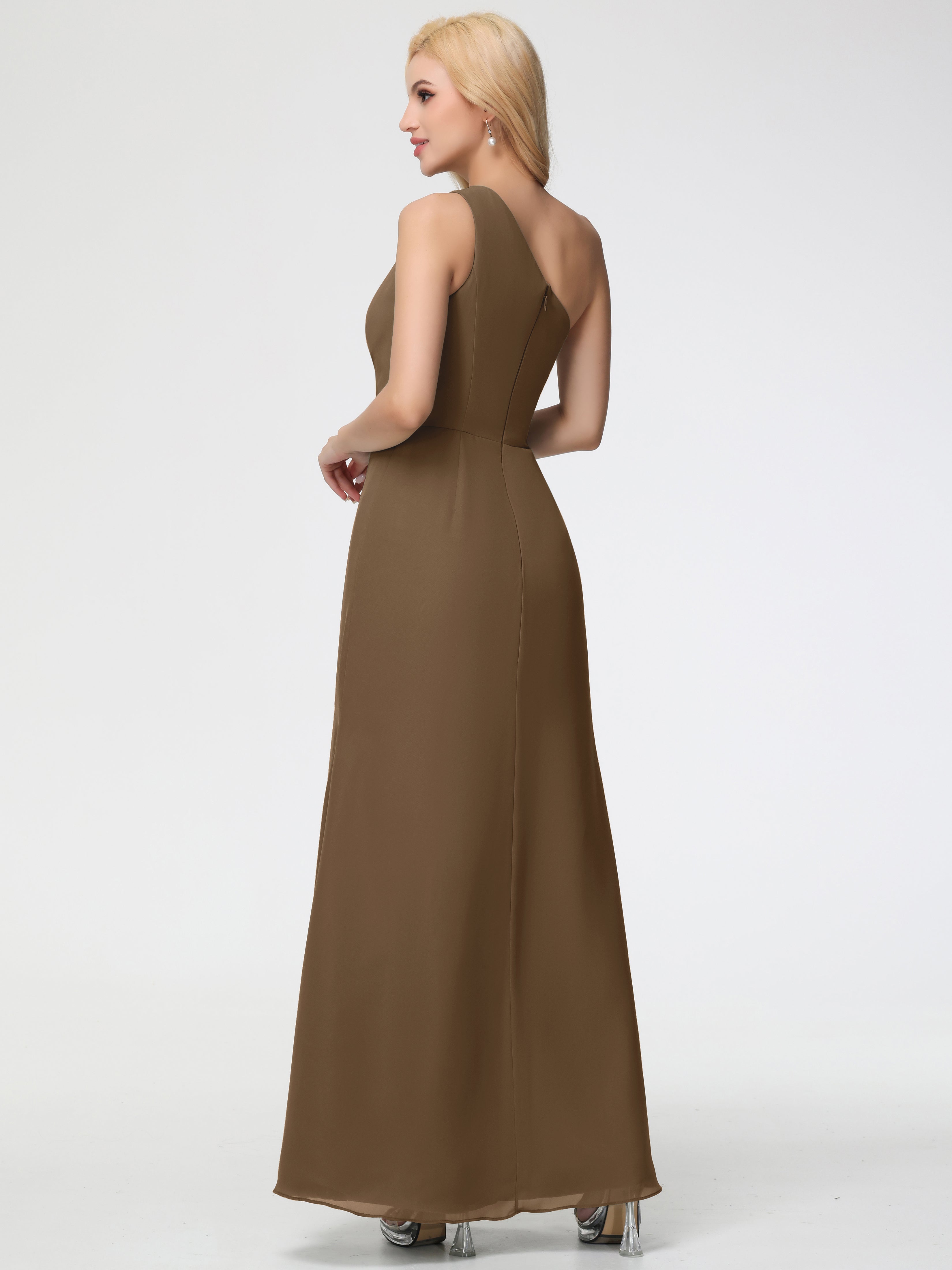 Robe De Demoiselle D'Honneur Moka Seule-Épaule Fendue Trapèze Mousseline Robe Demoiselle D'Honneur