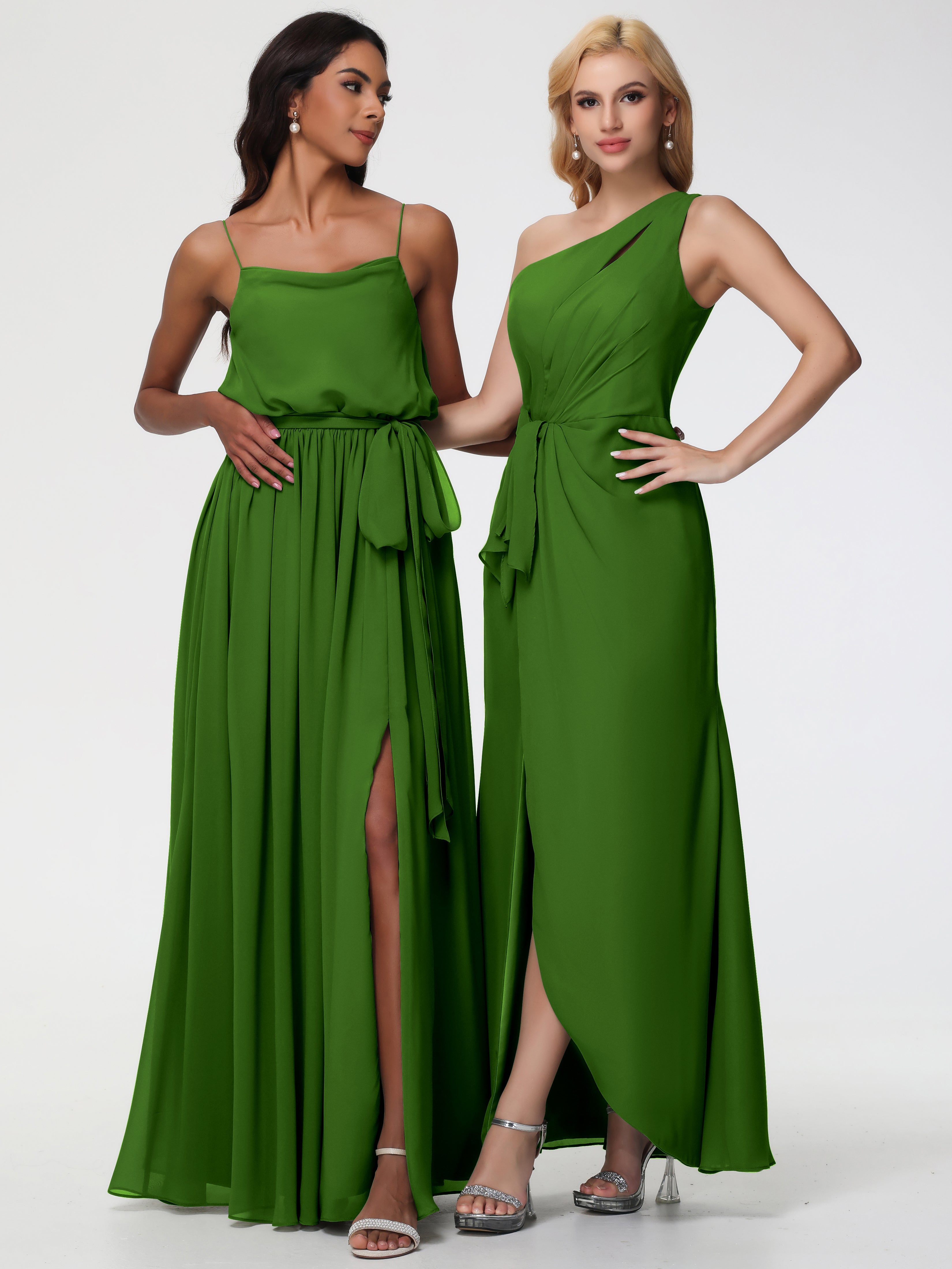 Robes De Demoiselle D'Honneur Vert Mousse Seule-Épaule Fendue Trapèze Mousseline Robe Demoiselle D'Honneur