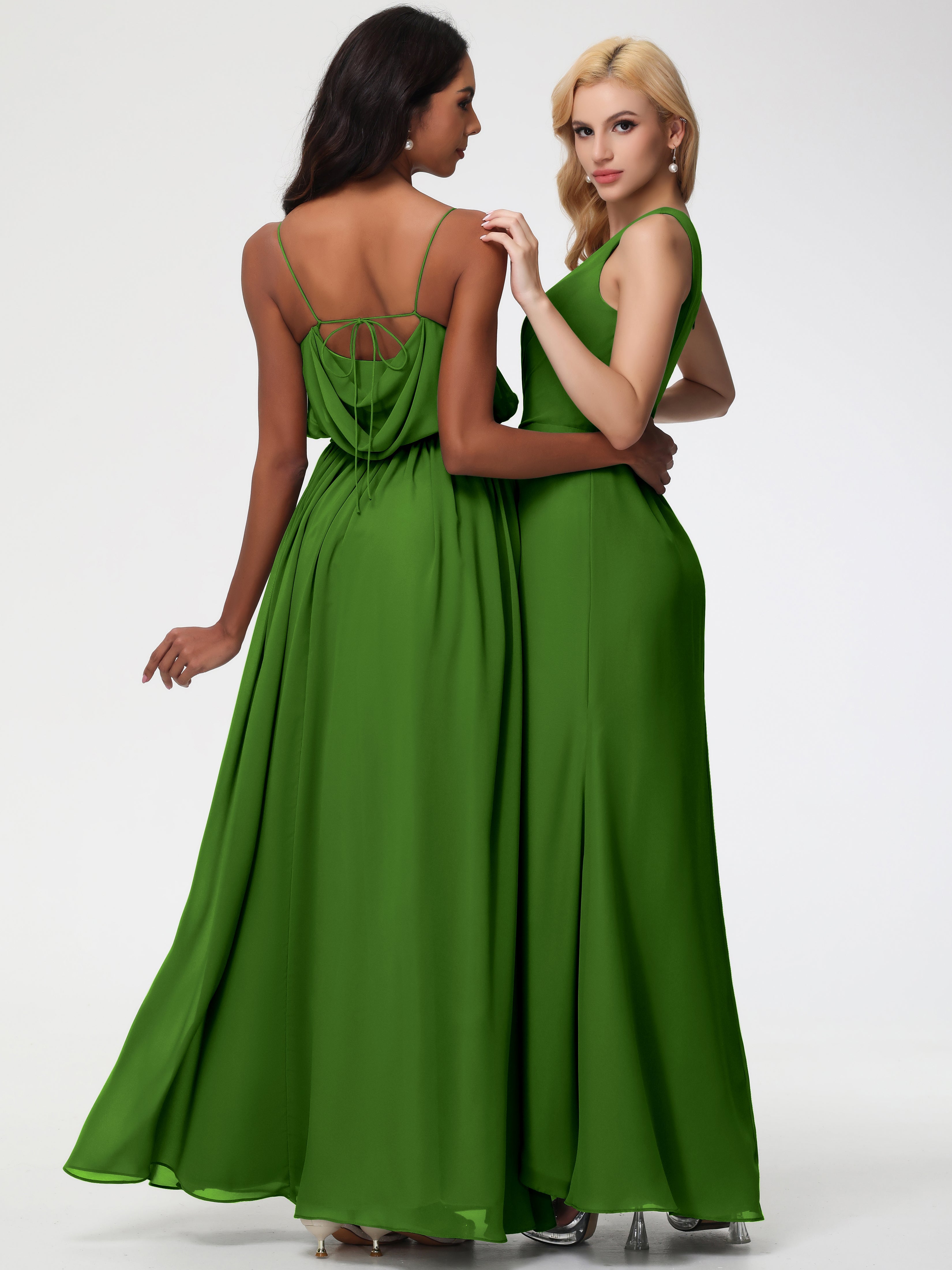 Robes De Demoiselle D'Honneur Vert Mousse Seule-Épaule Fendue Trapèze Mousseline Robe Demoiselle D'Honneur