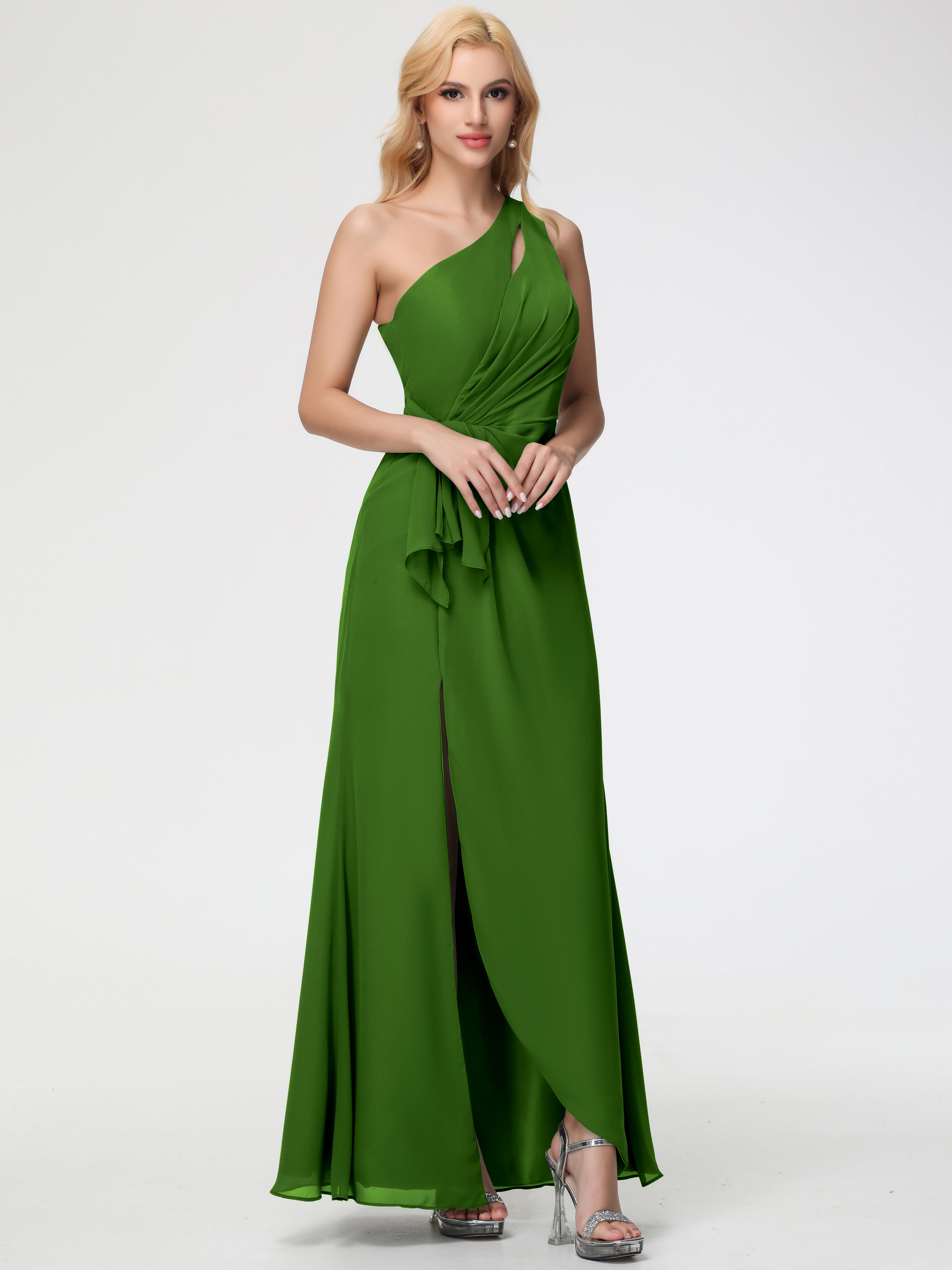 Robes De Demoiselle D'Honneur Vert Mousse Seule-Épaule Fendue Trapèze Mousseline Robe Demoiselle D'Honneur