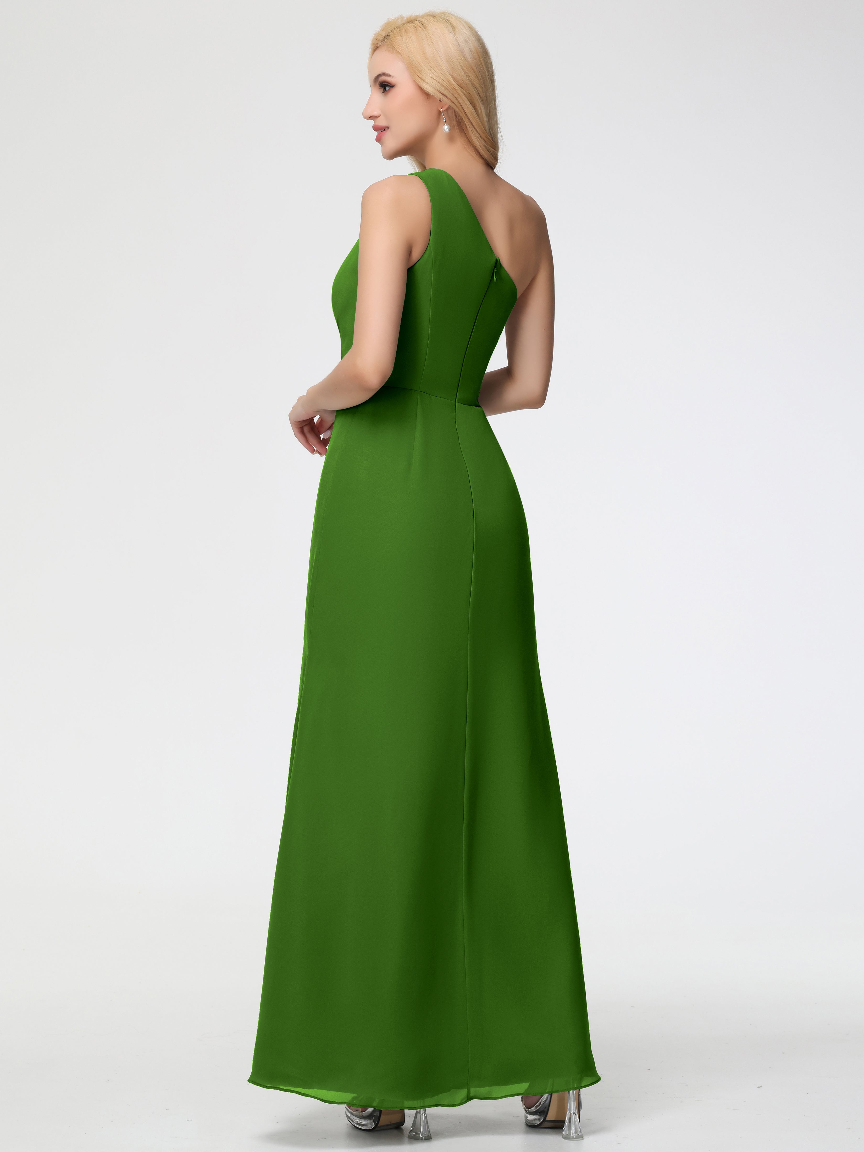 Robes De Demoiselle D'Honneur Vert Mousse Seule-Épaule Fendue Trapèze Mousseline Robe Demoiselle D'Honneur