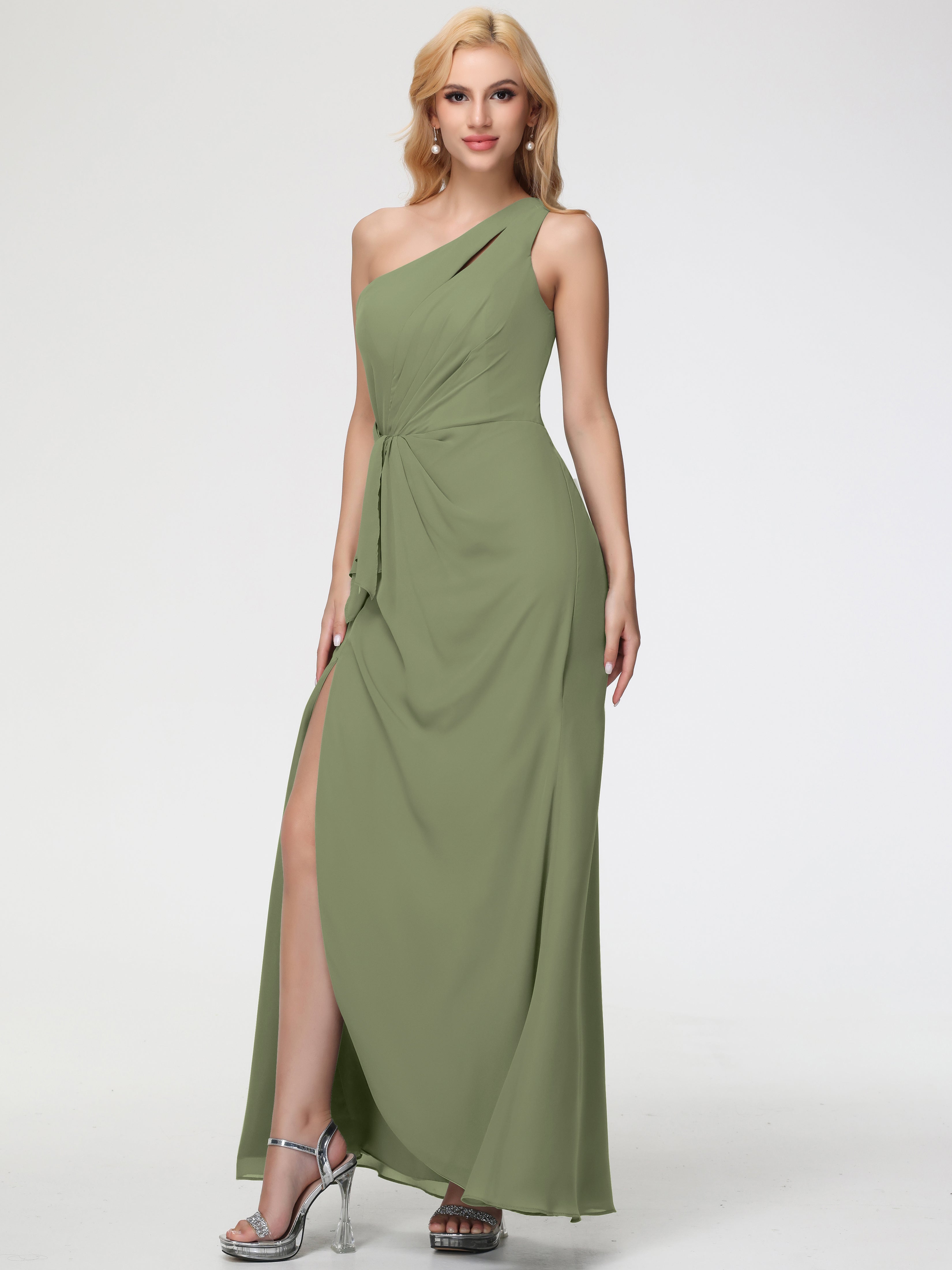 Robe De Demoiselle D Honneur Vert Olive Seule-Épaule Fendue Trapèze Mousseline Robe Demoiselle D'Honneur