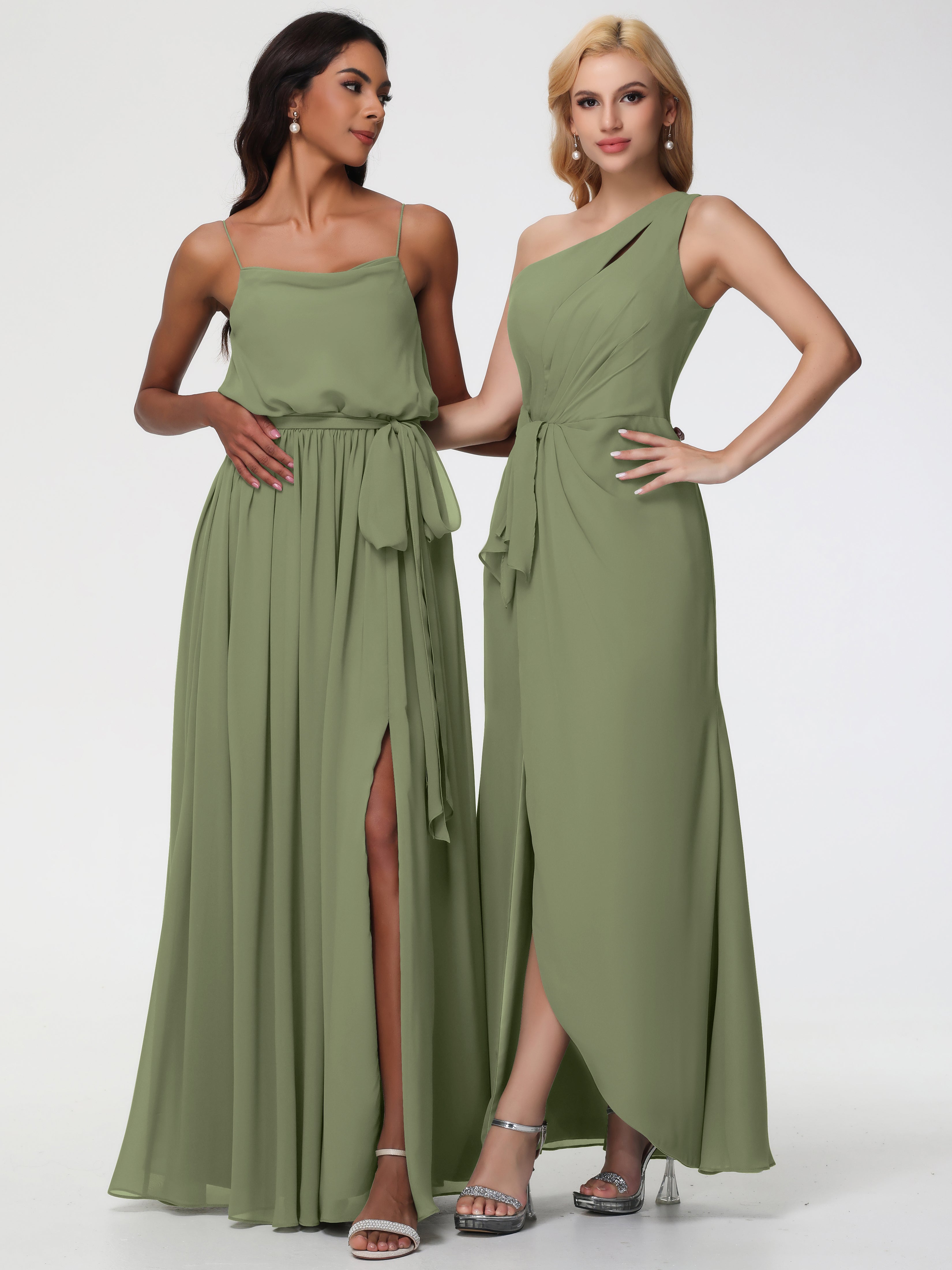 Robe De Demoiselle D Honneur Vert Olive Seule-Épaule Fendue Trapèze Mousseline Robe Demoiselle D'Honneur