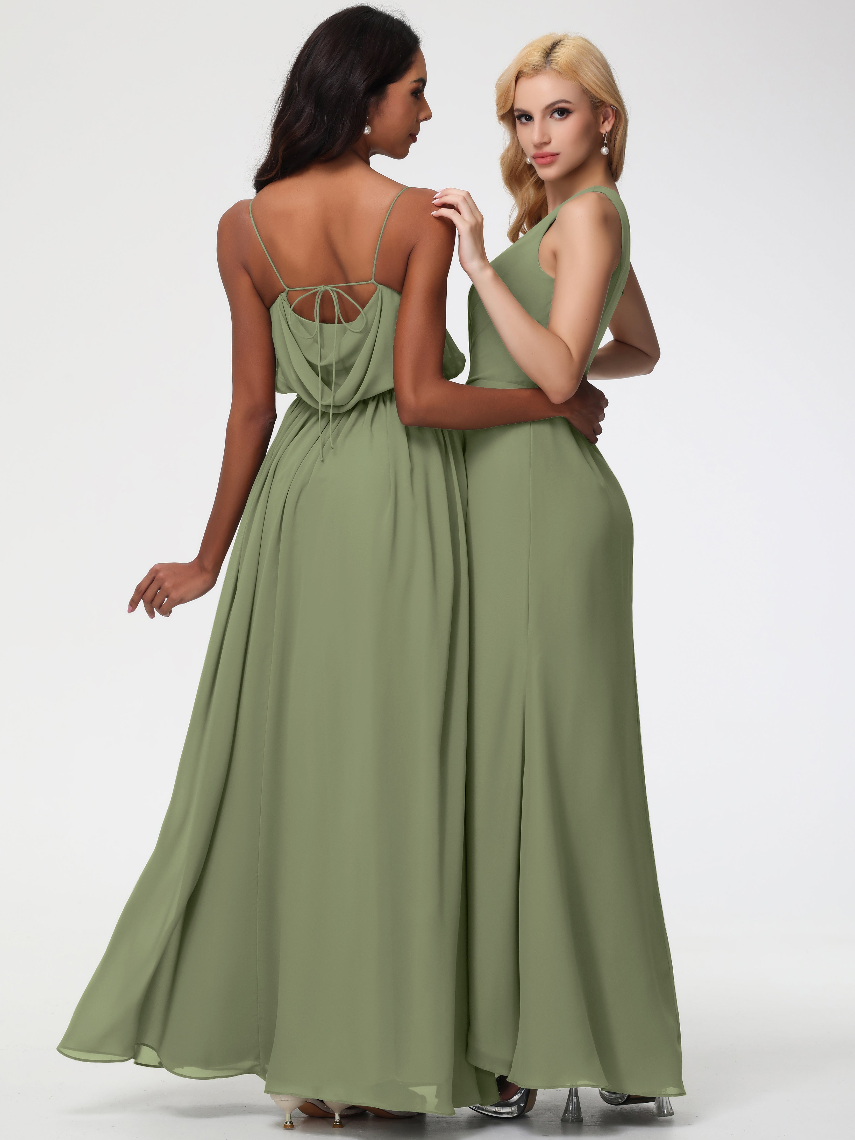 Robe De Demoiselle D Honneur Vert Olive Seule-Épaule Fendue Trapèze Mousseline Robe Demoiselle D'Honneur