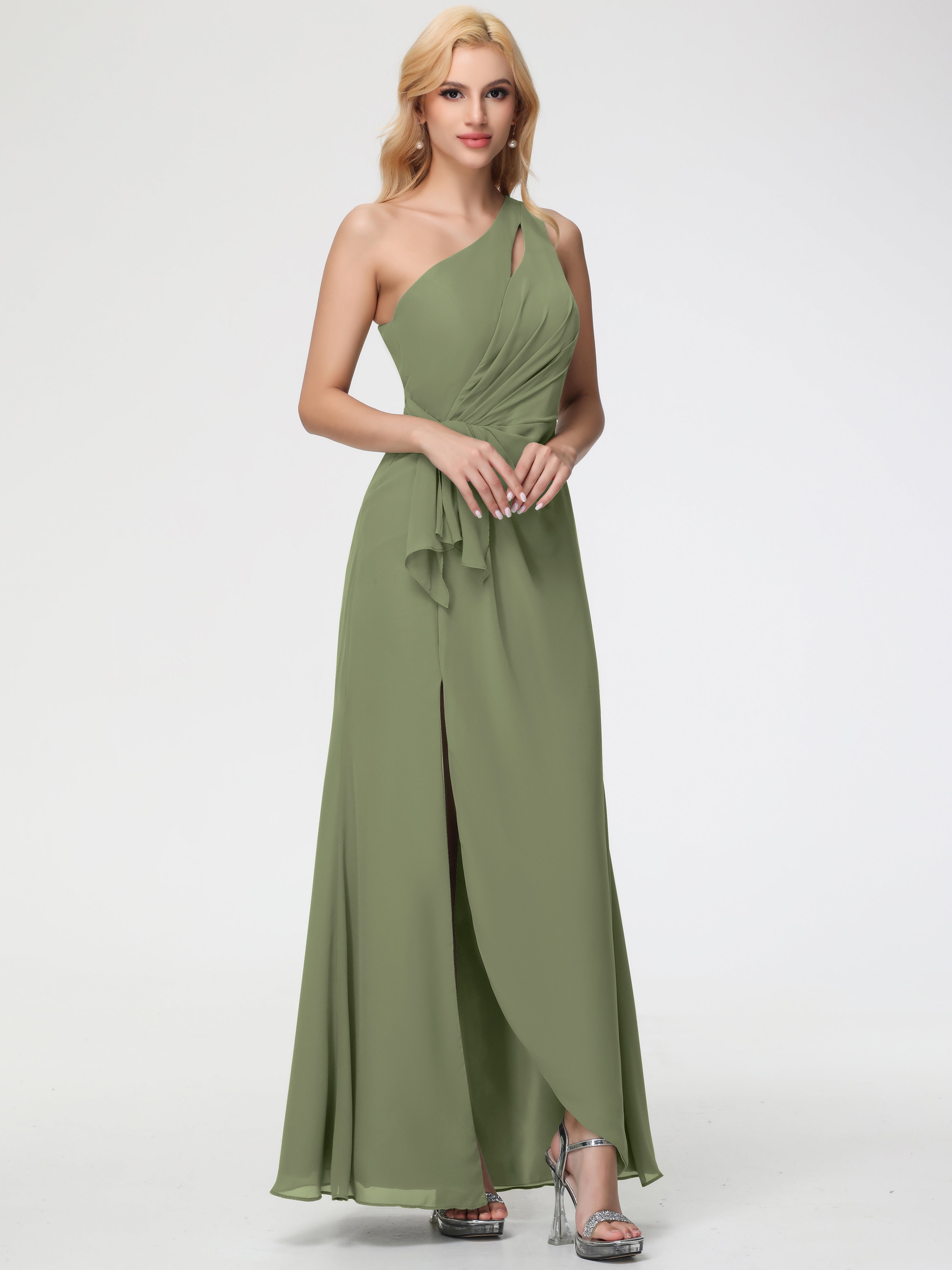 Robe De Demoiselle D Honneur Vert Olive Seule-Épaule Fendue Trapèze Mousseline Robe Demoiselle D'Honneur