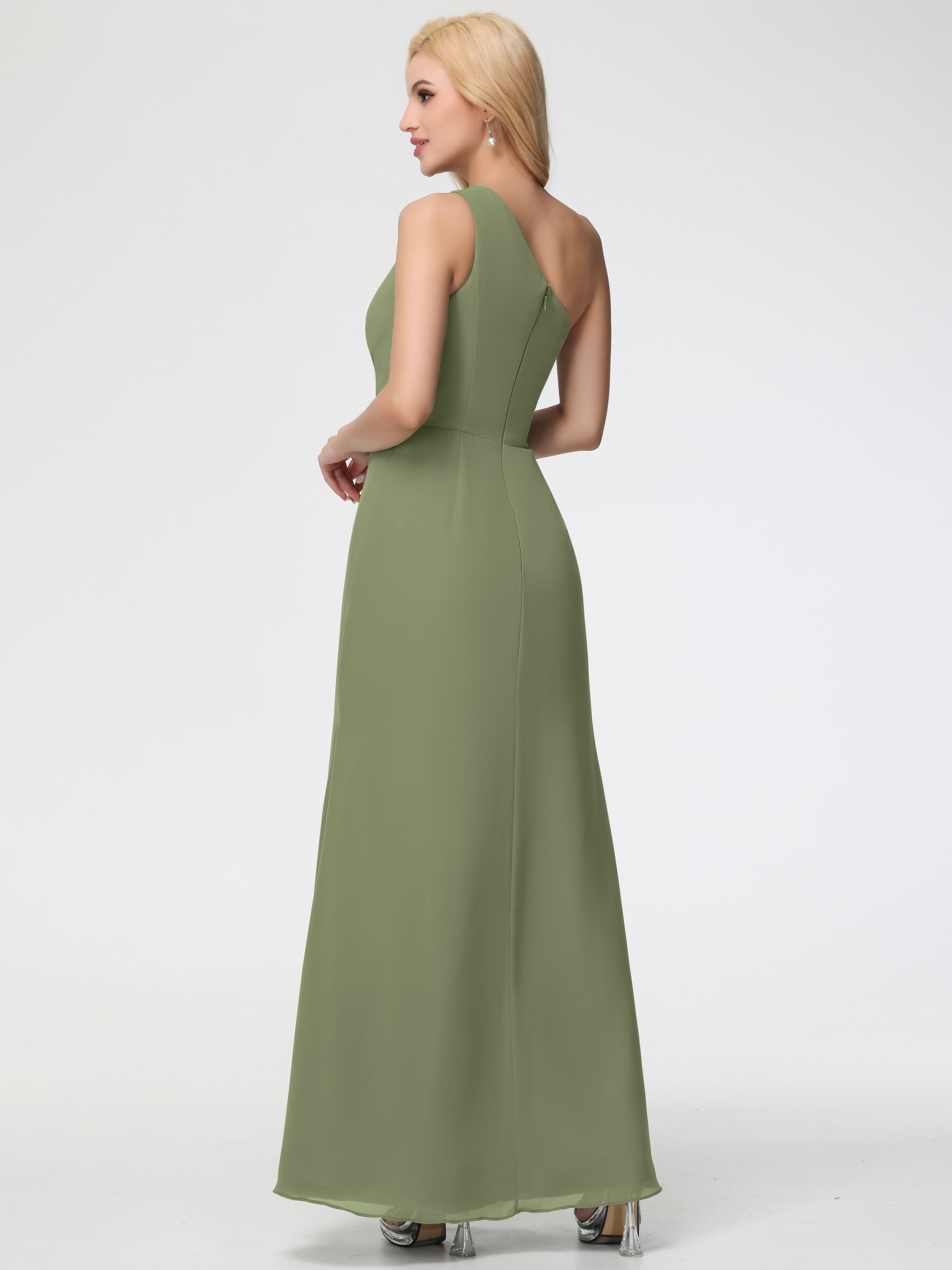 Robe De Demoiselle D Honneur Vert Olive Seule-Épaule Fendue Trapèze Mousseline Robe Demoiselle D'Honneur