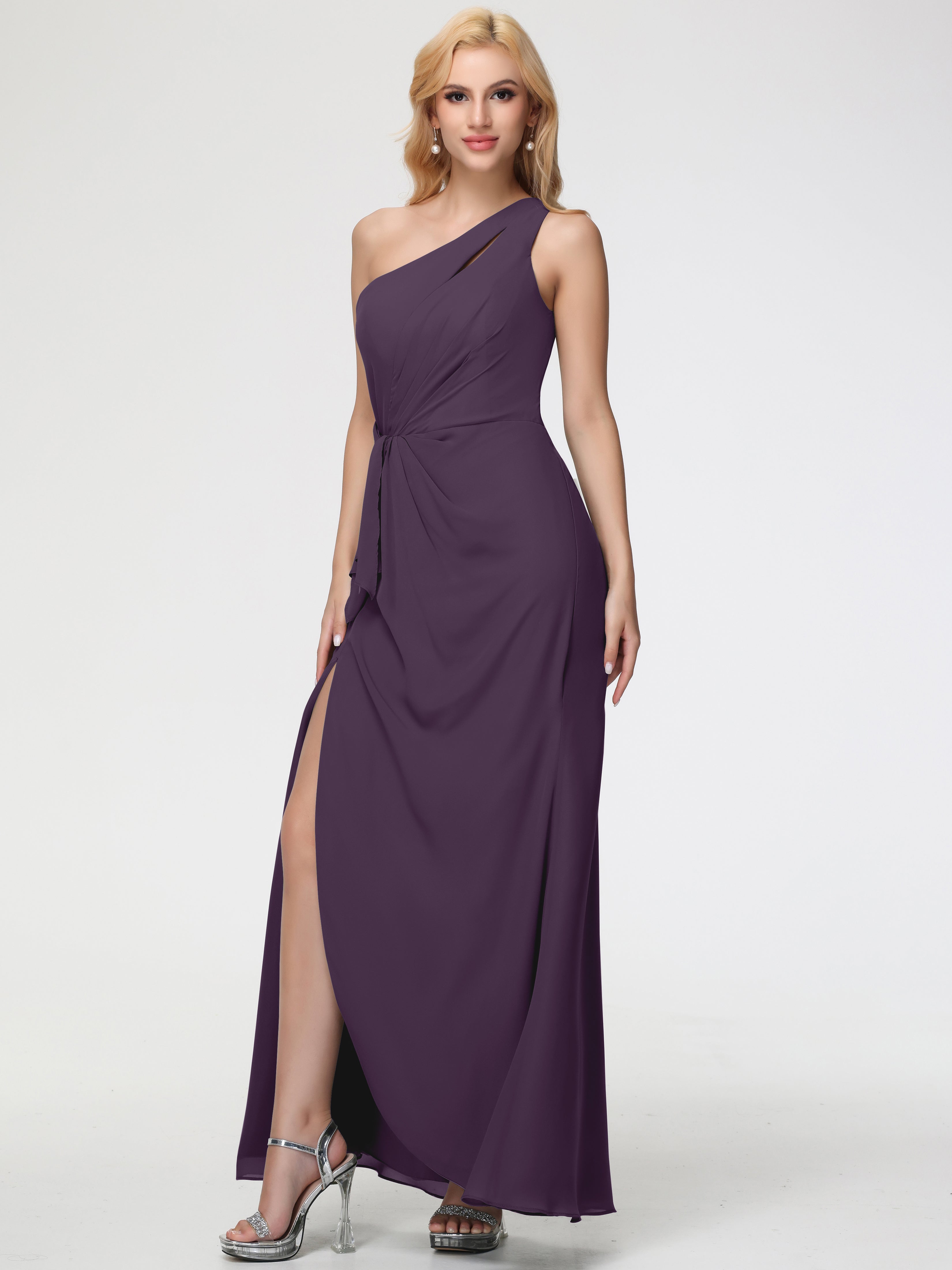 Robe De Demoiselle D'Honneur En Plum Seule-Épaule Fendue Trapèze Mousseline Robe Demoiselle D'Honneur