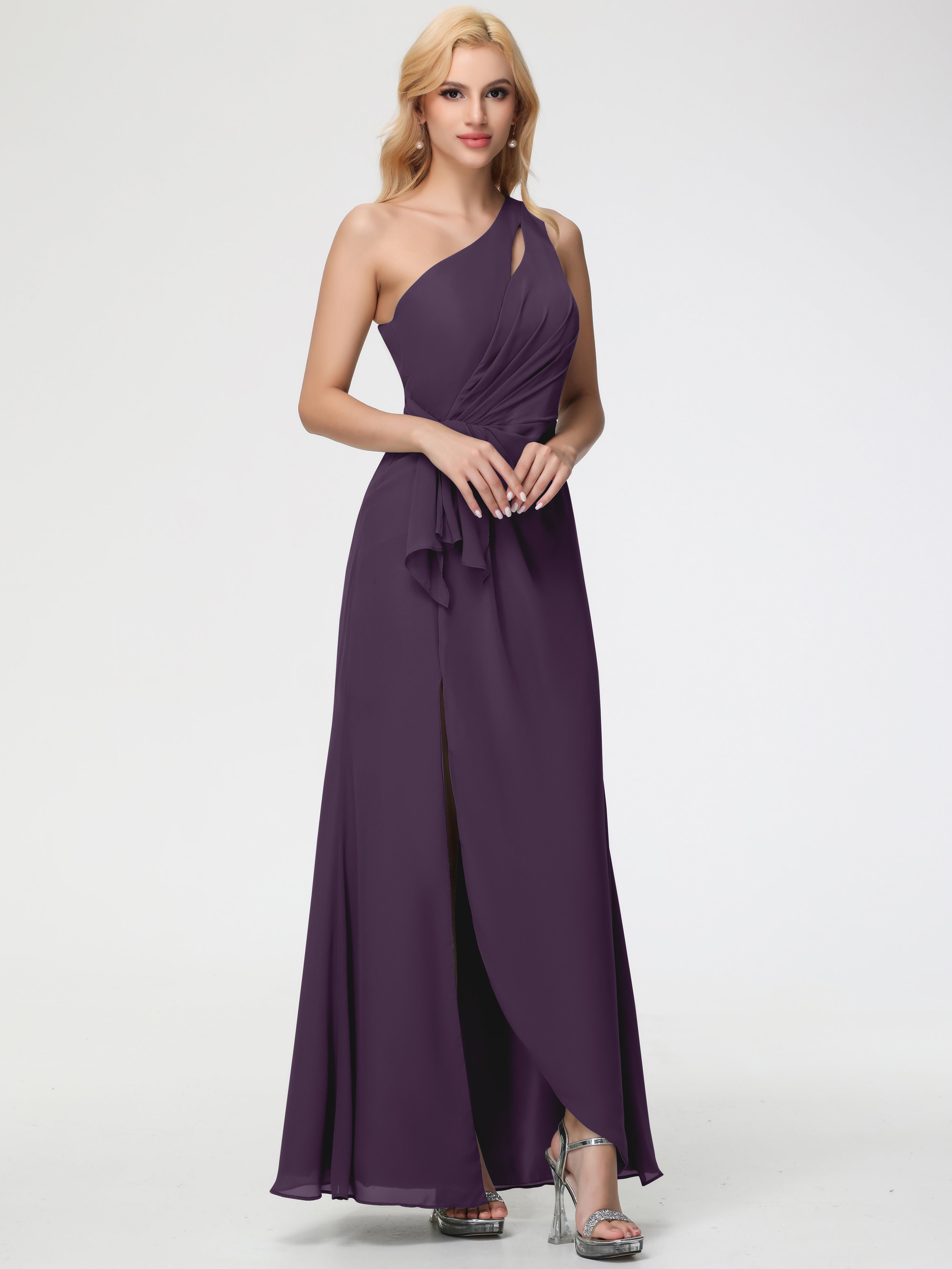 Robe De Demoiselle D'Honneur En Plum Seule-Épaule Fendue Trapèze Mousseline Robe Demoiselle D'Honneur