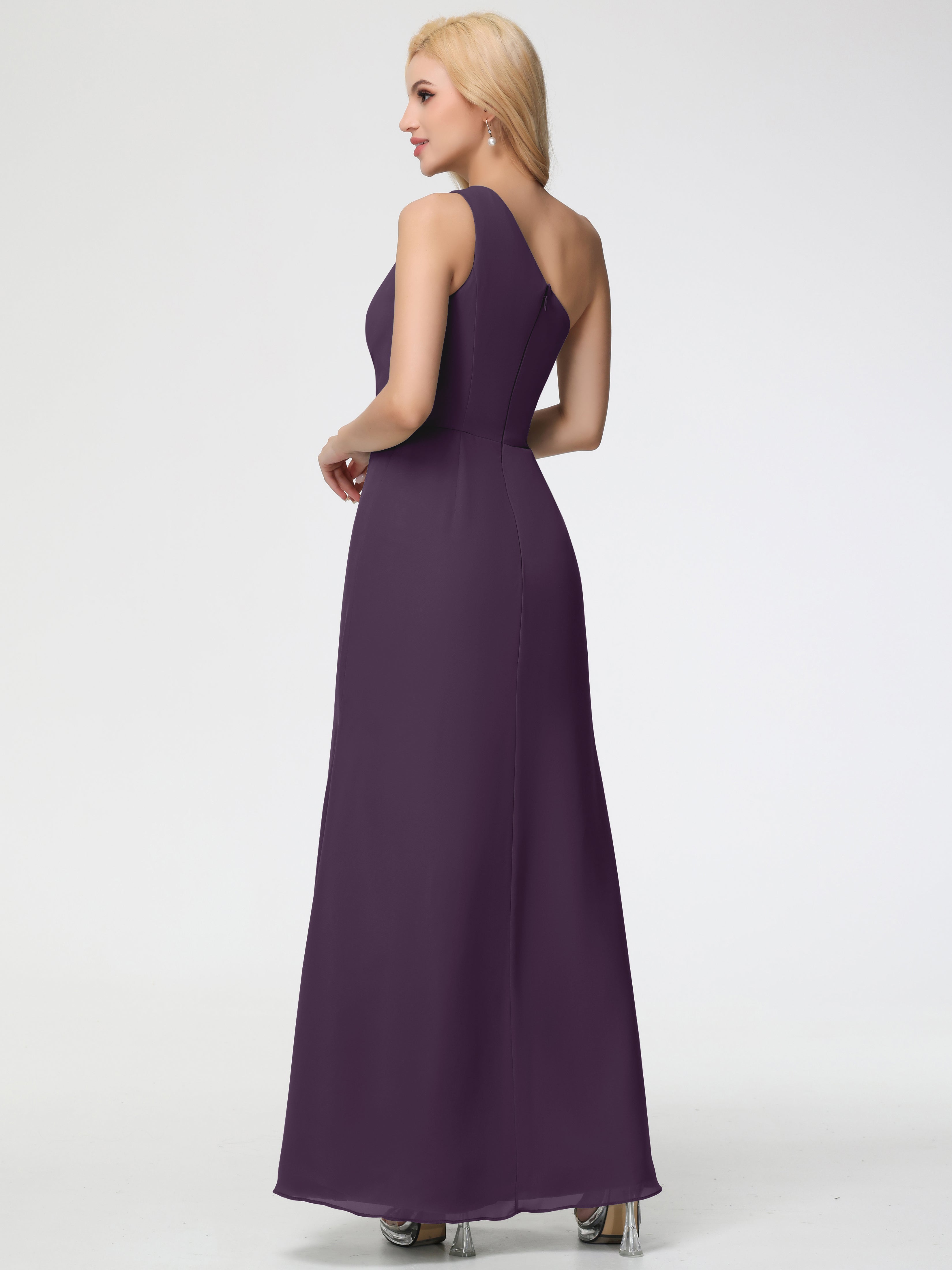 Robe De Demoiselle D'Honneur En Plum Seule-Épaule Fendue Trapèze Mousseline Robe Demoiselle D'Honneur
